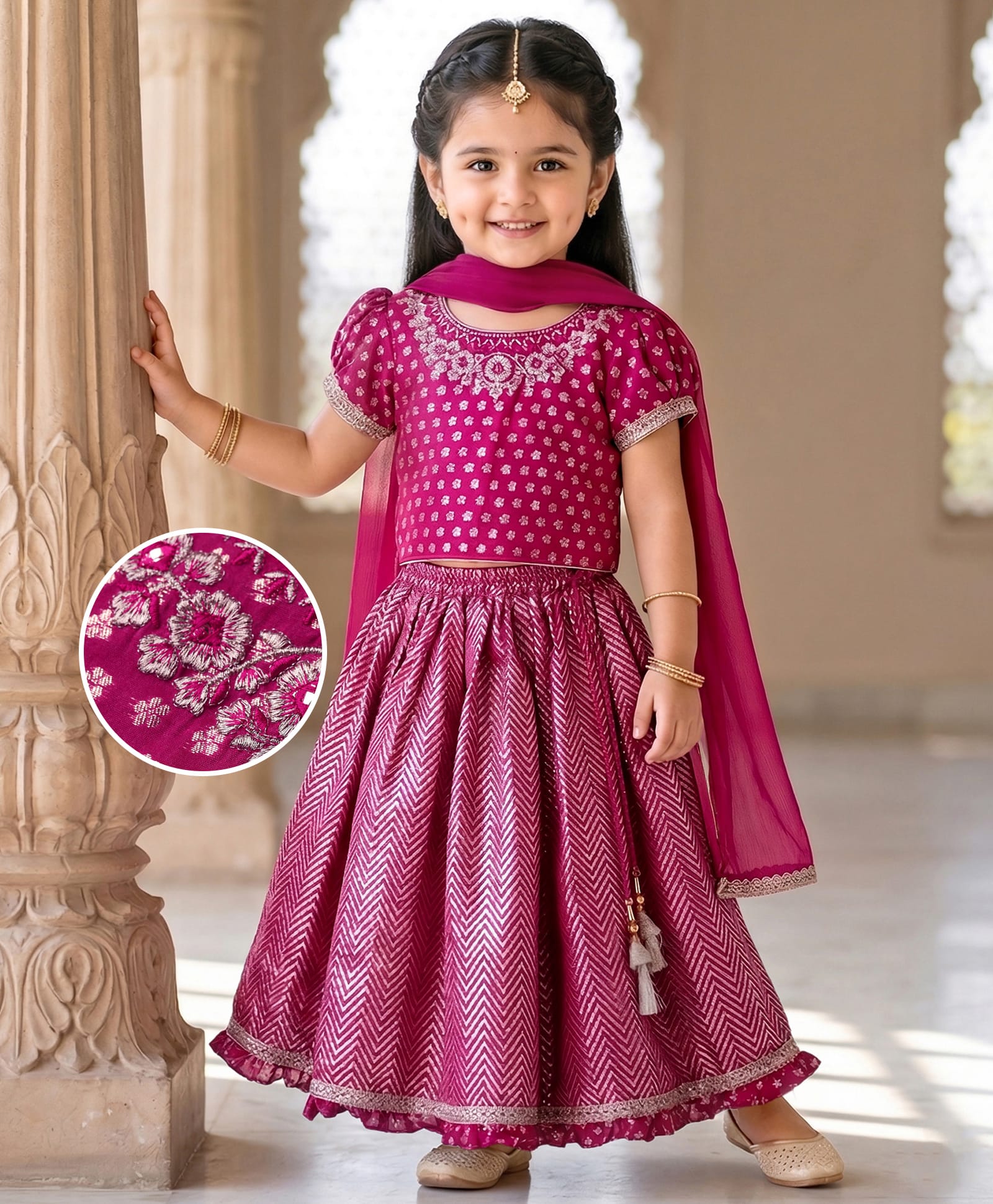 Babyhug Woven Half Sleeves Floral Embroidery Choli Lehenga Set & Dupatta With Chevron Design & Lace Detailing - Fuschia-image-47