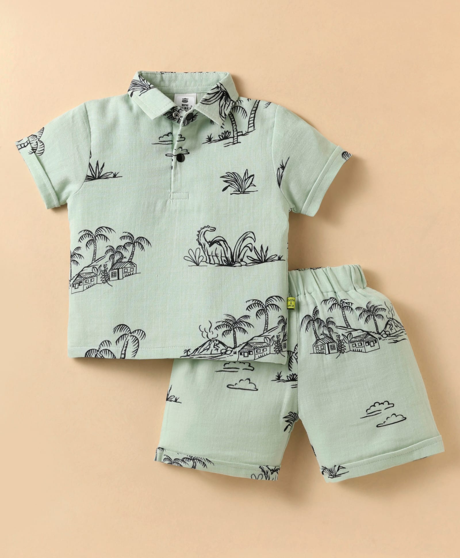 Mini Taurus 100% Cotton Knit Half Sleeves Co-ords Shorts Night Suit with Jungle Theme Print - Sea Green-image-6
