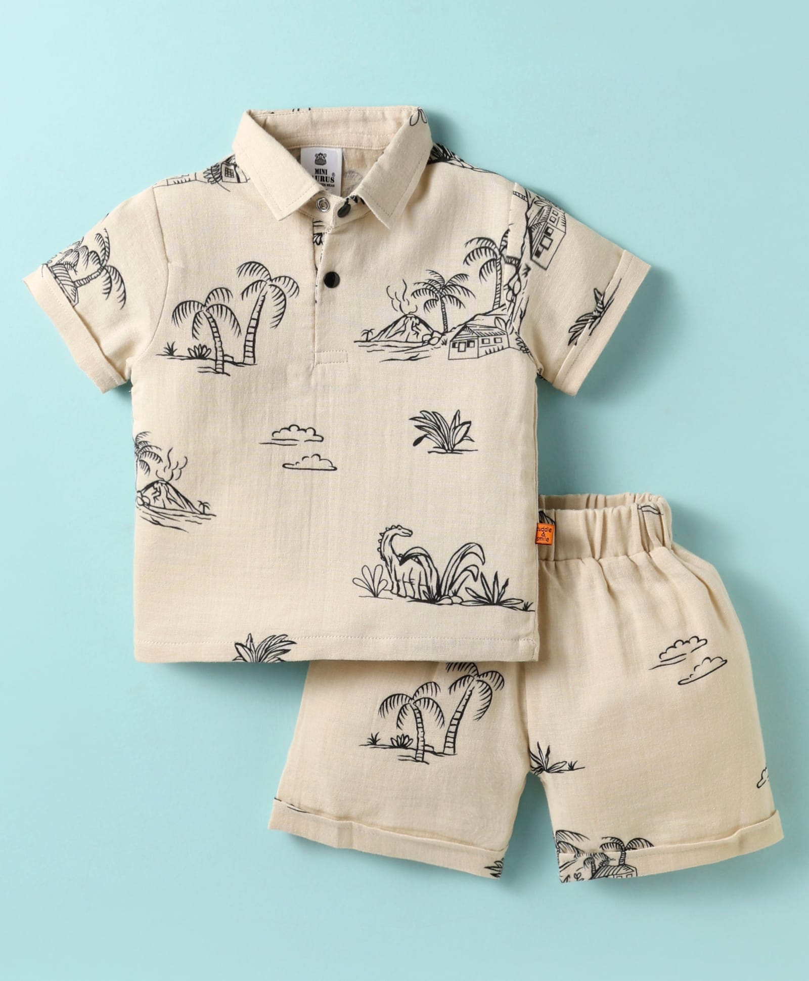 Mini Taurus 100% Cotton Knit Half Sleeves Co-ords Shorts Night Suit with Jungle Theme Print - Cream-image-5