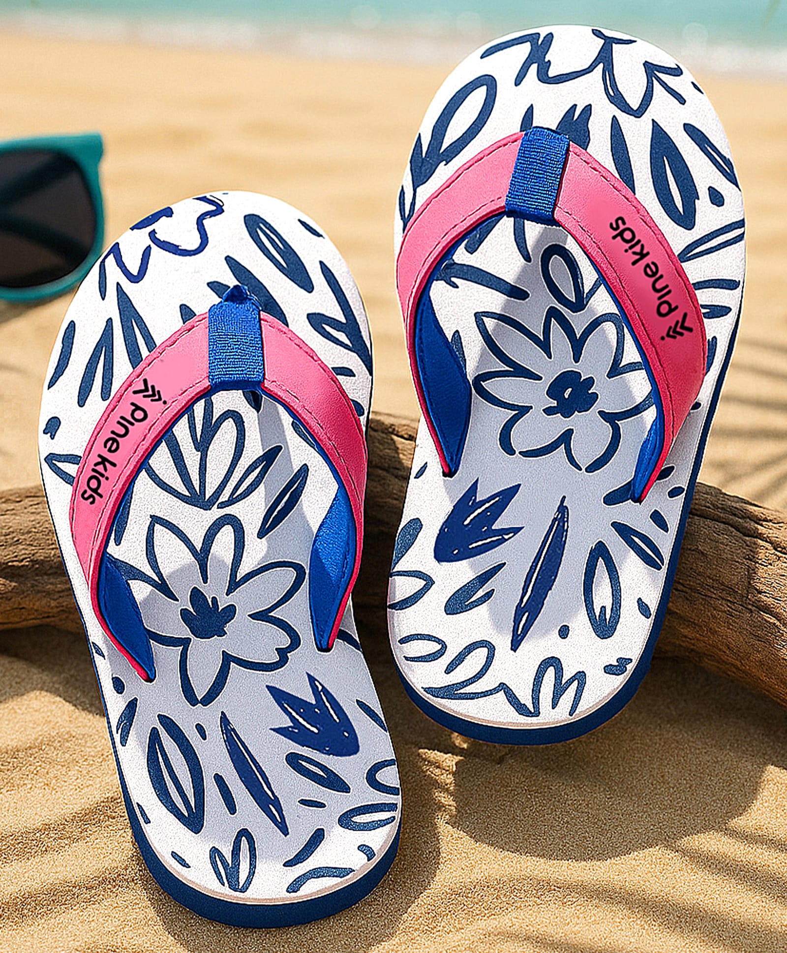 Pine Kids Slip On Flip Flops with Floral Print - White Blue & Pink-image-40