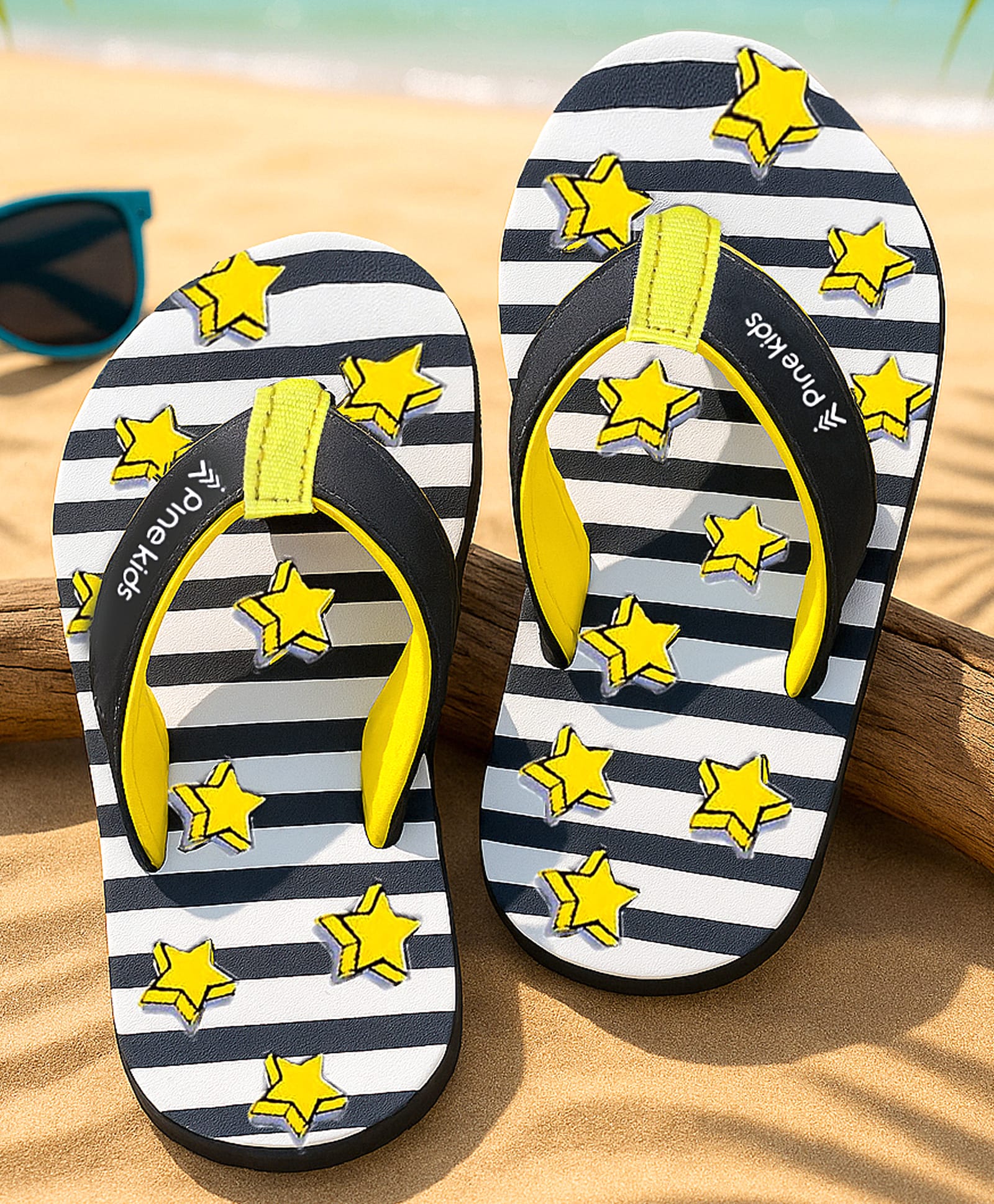 Pine Kids Slip On Flip Flops With Stripes & Star Print - Black & White-image-11