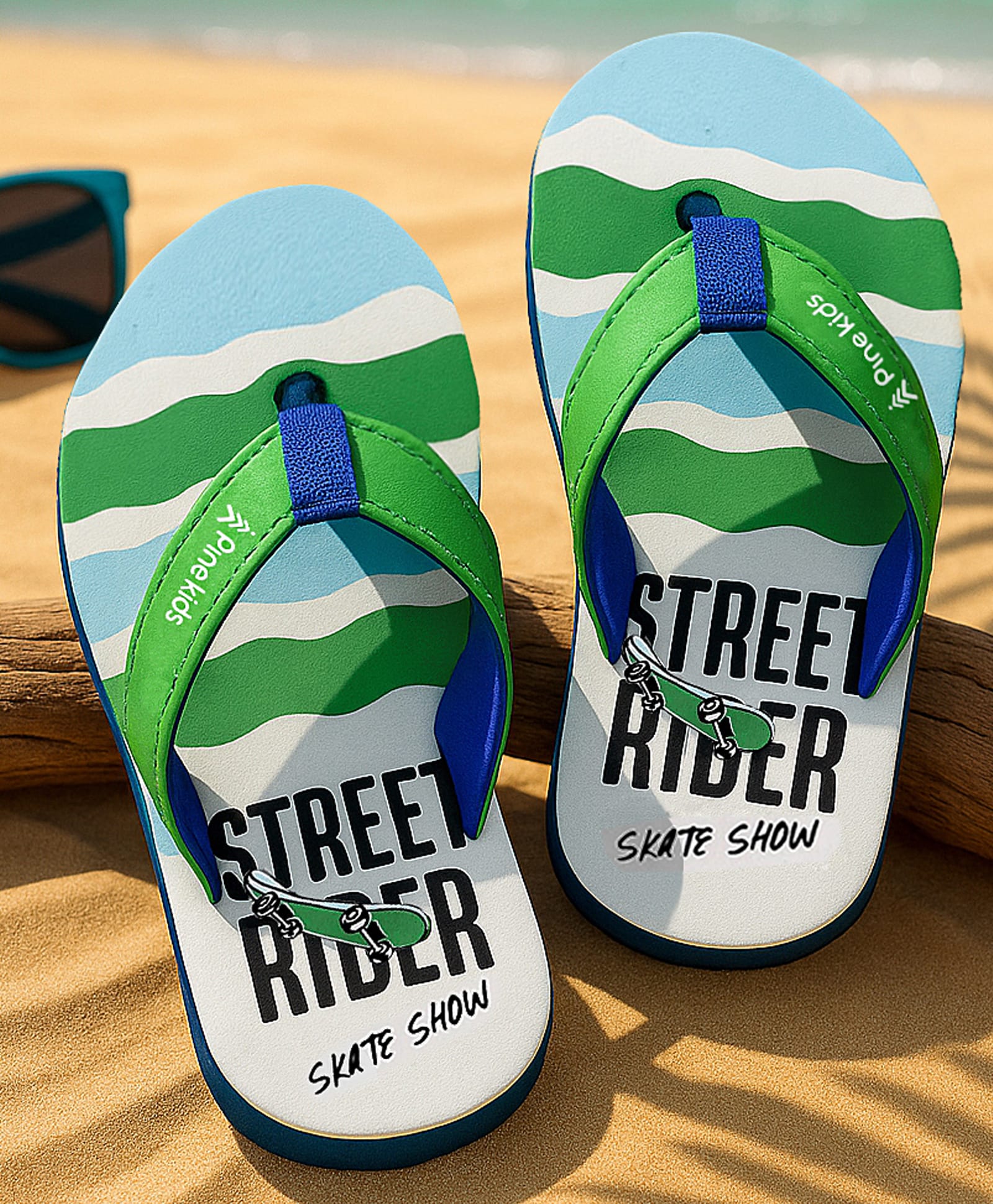 Pine Kids Slip On Flip Flops With Skateboarding Print - Green-picture-16