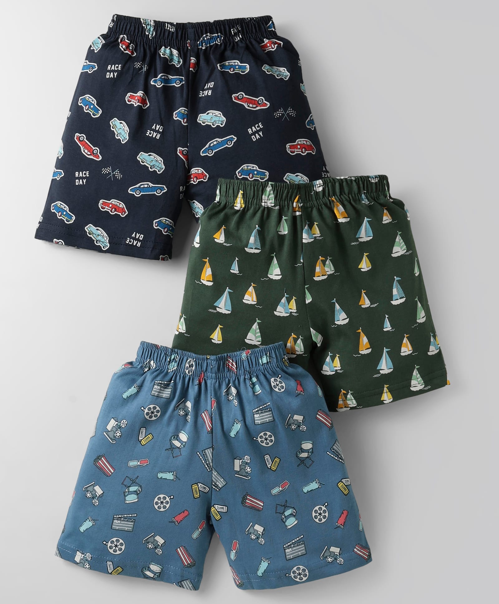 CUCUMBER Sinker Knit Above Knee Length Shorts With Vehicle & Nautical Print Pack of 3 - Dark Green & Navy Blue-picture-37