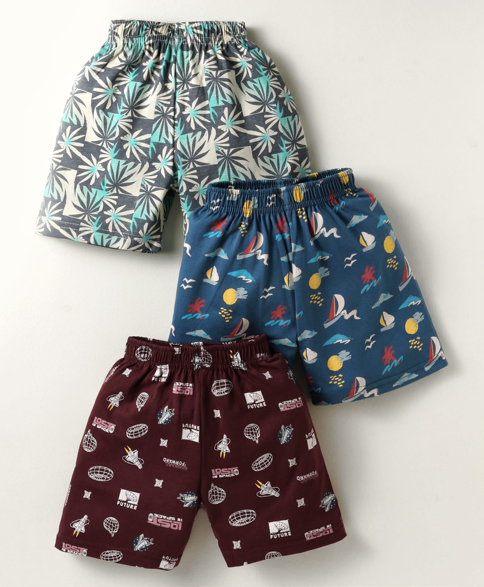 CUCUMBER Sinker Knit Above Knee Length Printed Shorts Pack of 3 - Maroon Teal Blue & Grey-image-38