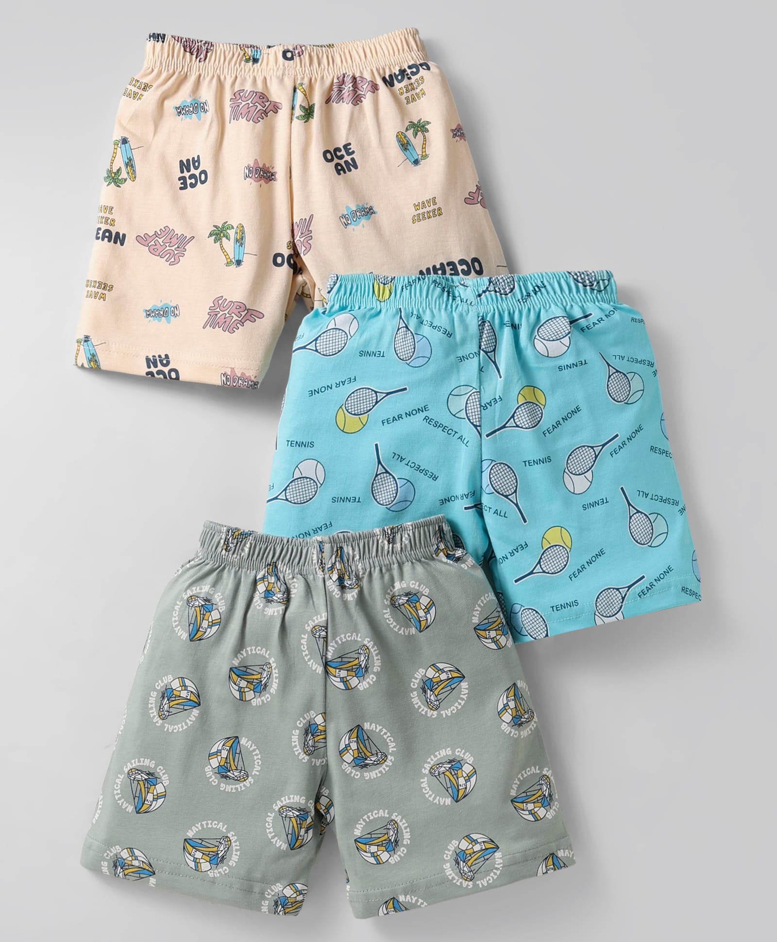 CUCUMBER Sinker Knit Above Knee Length Shorts With Beach & Nautical Print Pack of 3 - Grey & Light Blue-picture-19