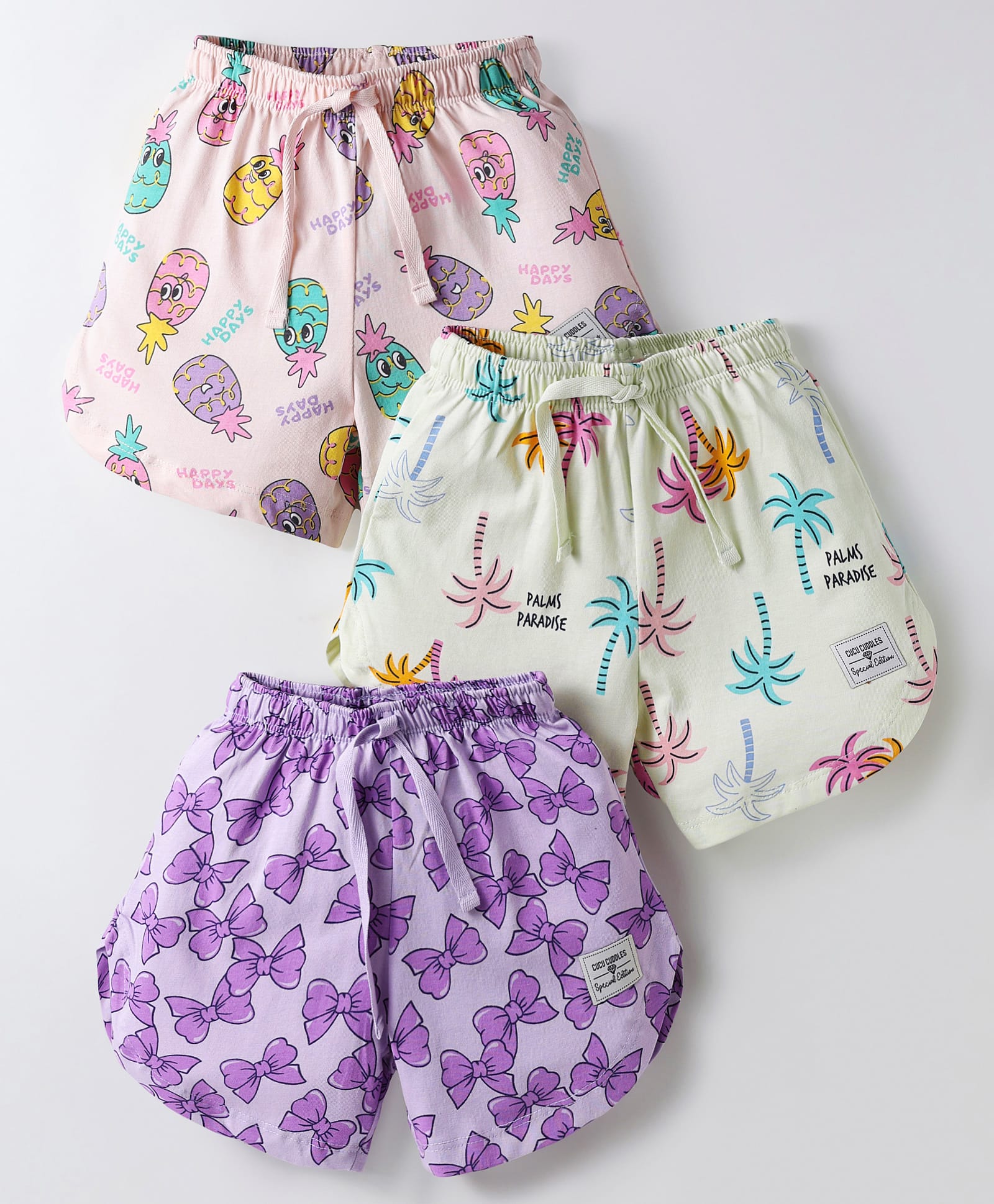 CUCUMBER Sinker Knit Above Knee Length Shorts With Bow & Beach Theme Print Pack Of 3 - Purple Pink & Light Yellow-image-32