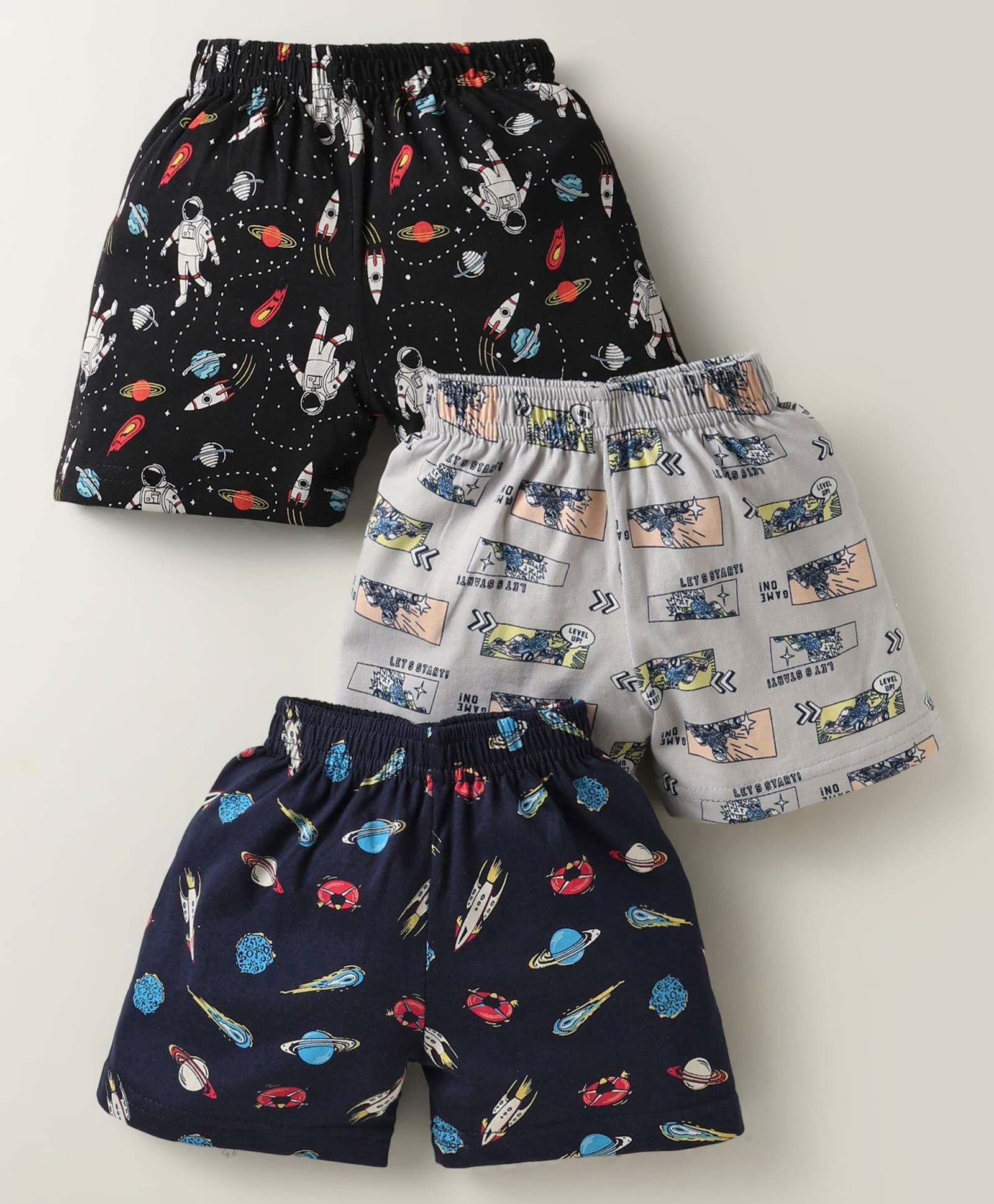 CUCUMBER Sinker Knit Above Knee Length Shorts With Space Theme Print Pack of 3 - Grey & Black-picture-45