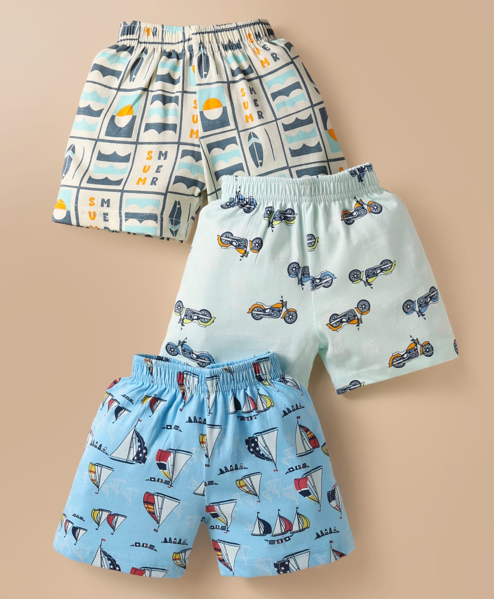 CUCUMBER Sinker Knit Above Knee Length Shorts With Vehicle & Nautical Print Pack of 3 - Light Blue & Offwhite-picture-28