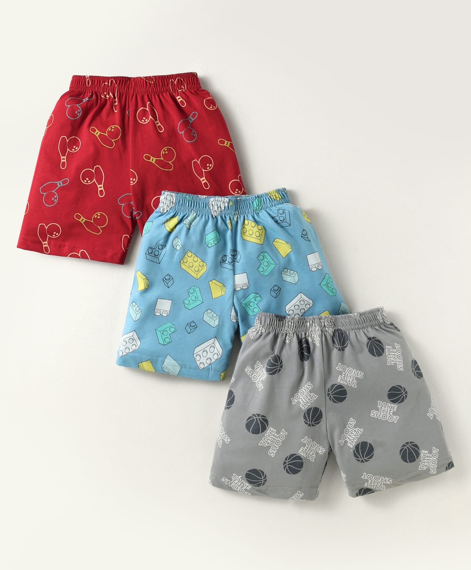 CUCUMBER Sinker Knit Above Knee Length Printed Shorts Pack of 3 - Red Grey & Light Blue