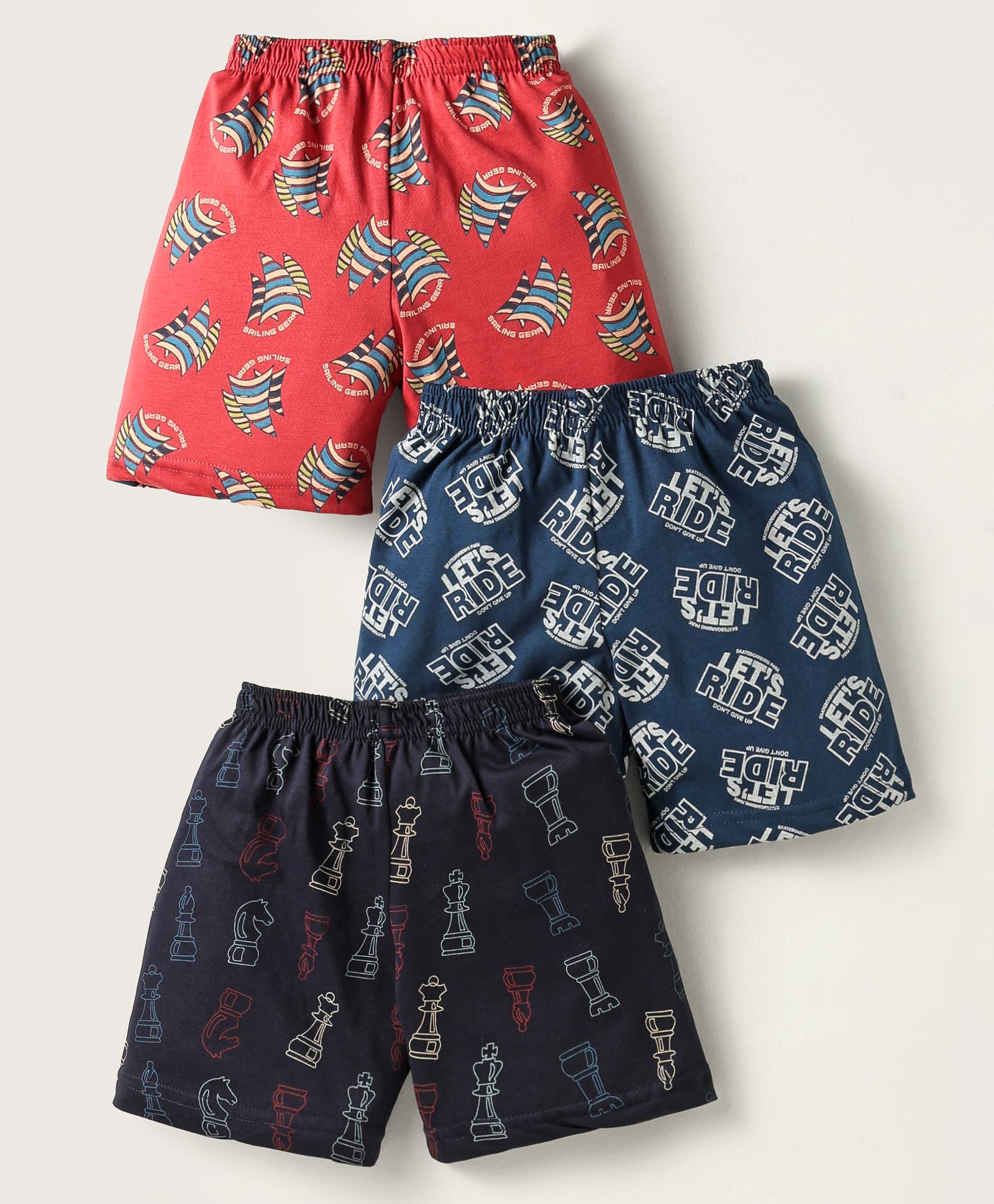 CUCUMBER Sinker Knit Above Knee Length Printed Shorts Pack of 3 - Red Blue & Black-picture-14