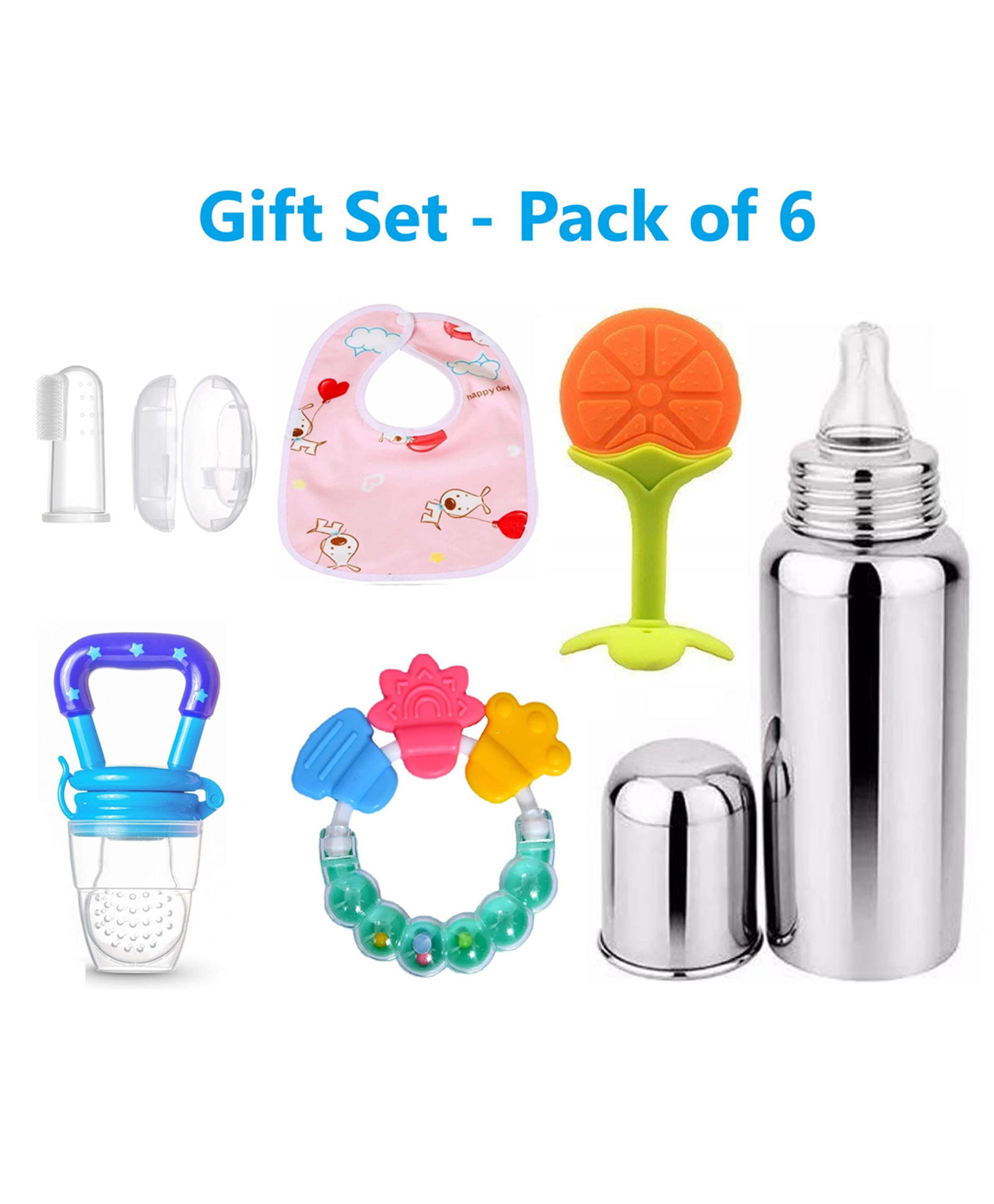 Enorme Combo of 6 Pcs Orange Slicone Teether, Nibbler, Steel Bottle, Bellring, Bib, Finger brush-image-33
