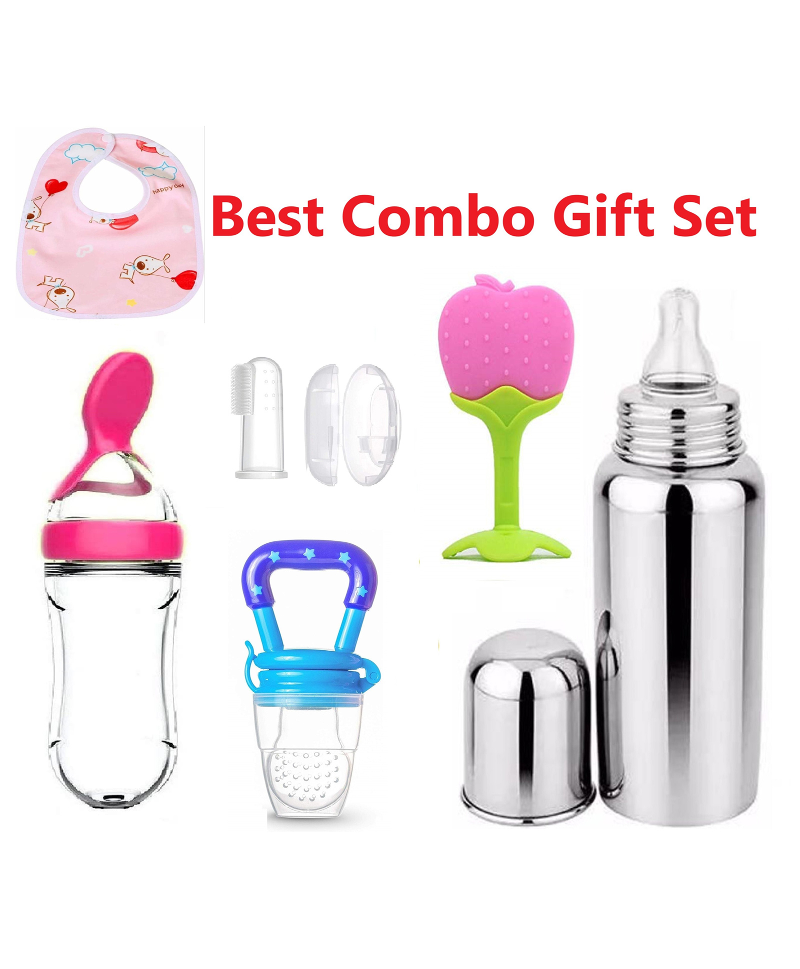 Enorme Apple Teether, Nibbler, Steel Bottle, Spoon Feeder, Bib, Finger Brush - Combo of 6