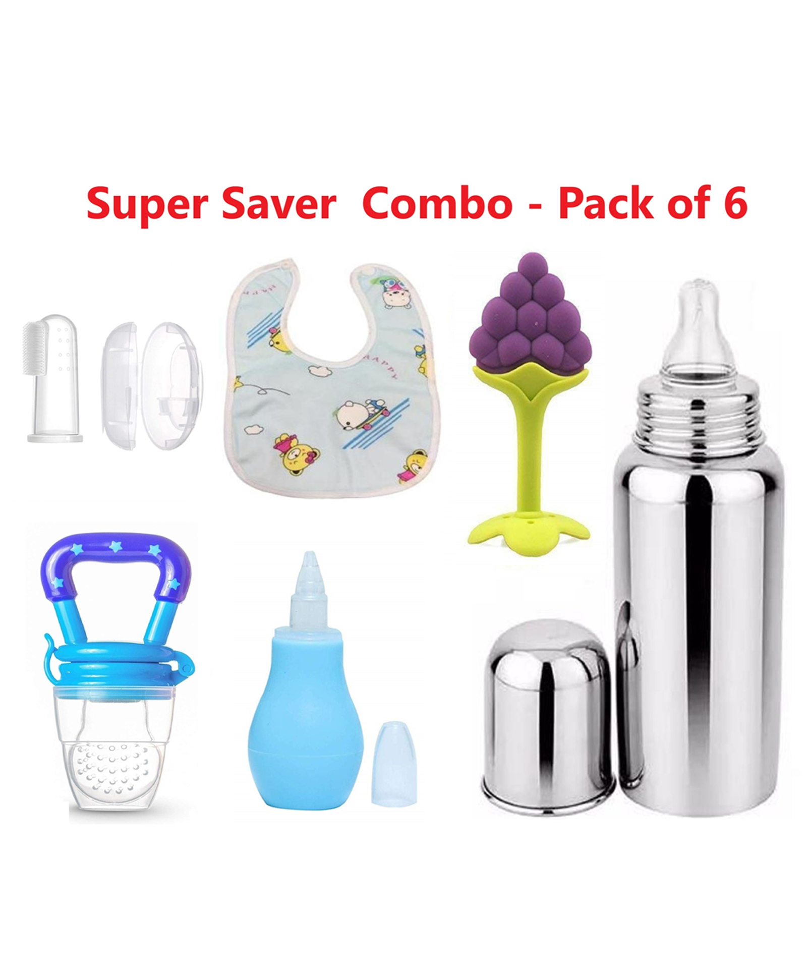 Enorme Super 6 pcs Combo of Grapes Teether, Nibbler, Steel Bottle, Nose Cleaner, Bib, Finger Brush-image-45