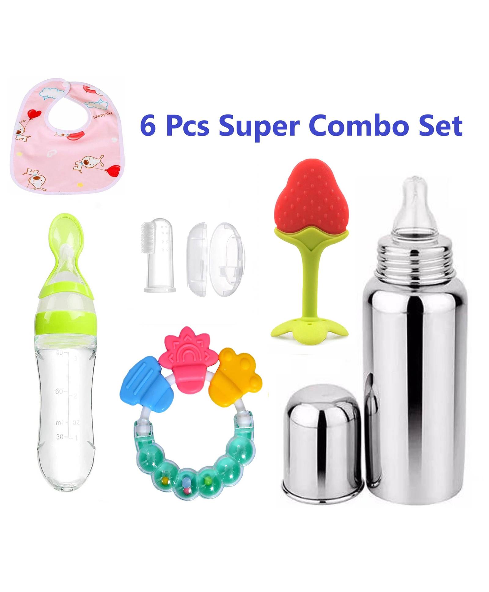 Enorme Combo of 6 Pcs Strawberry Slicone Teether, Bellring, Steel Bottle, Spoon Feeder, Bib, Finger Brush-image-45