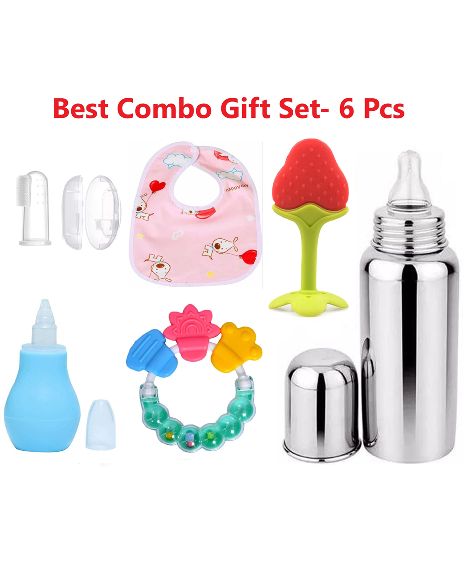 Enorme Strawberry Silicone Teether, Bellring, Steel Bottle, Nose Cleaner, Bib, Finger Brush - Combo of 6-image-12