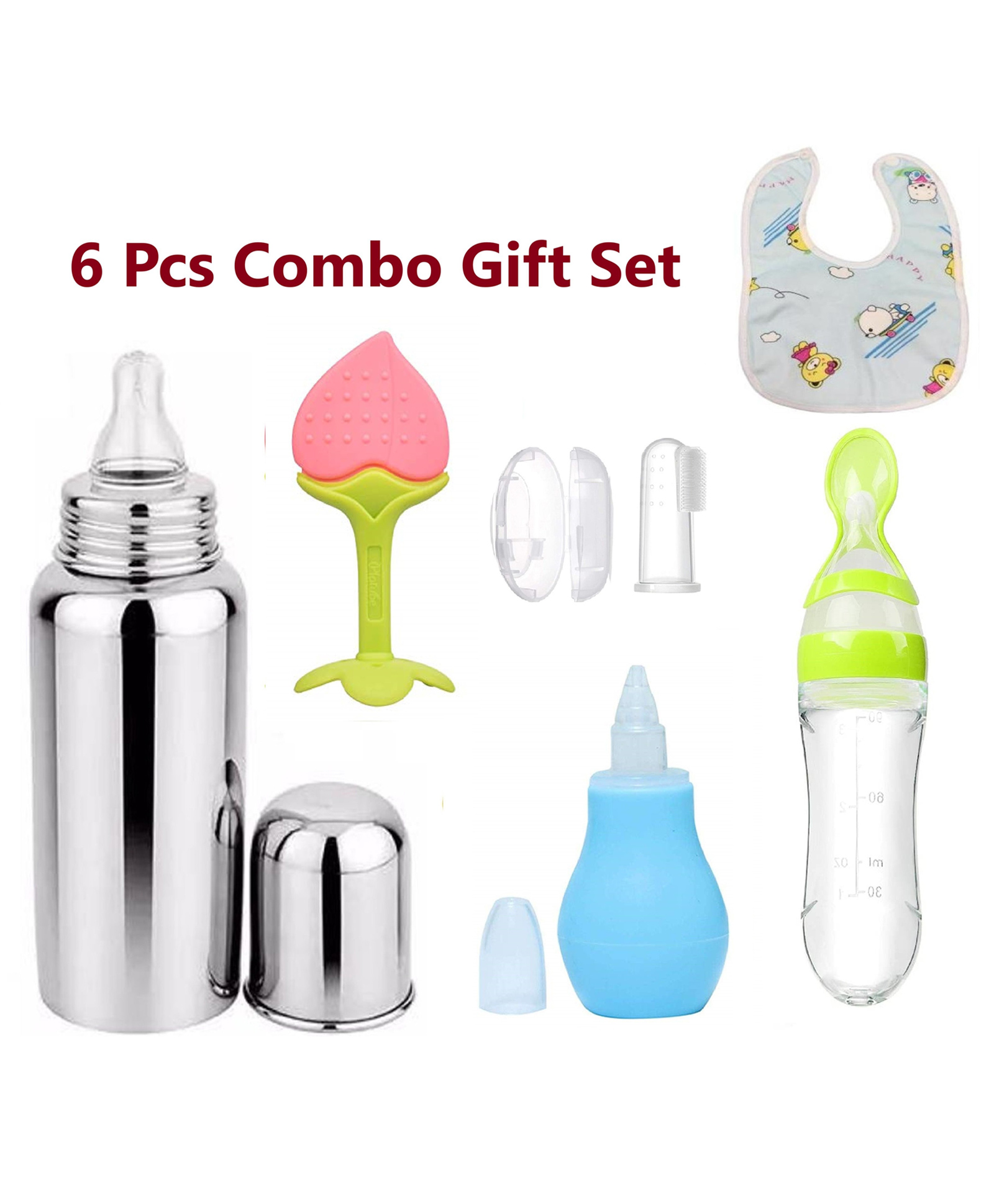 Enorme Super 6 pcs Combo of Peach Silicone Teether, Nose Cleaner, Steel Bottle, Spoon Feeder, Bib, Finger Brush-image-20