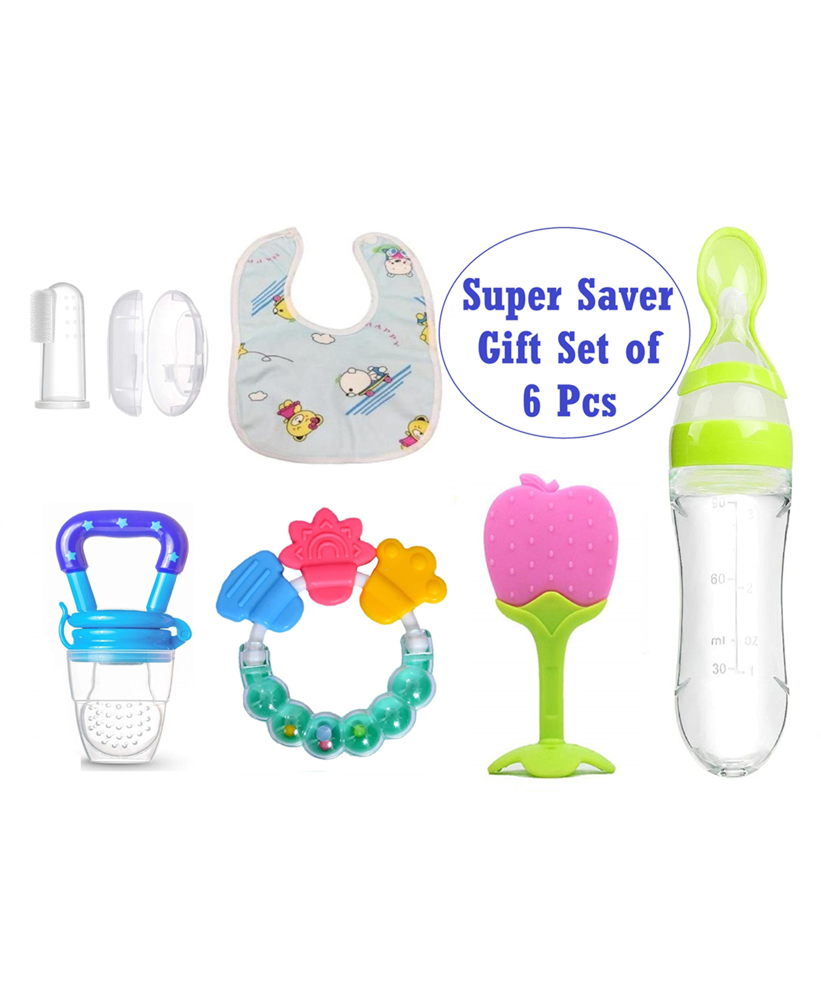 Enorme Combo of 6 Pcs Apple Slicone Teether, Bellring, Nibbler, Spoon Feeder, Bib, Finger Brush-picture-28