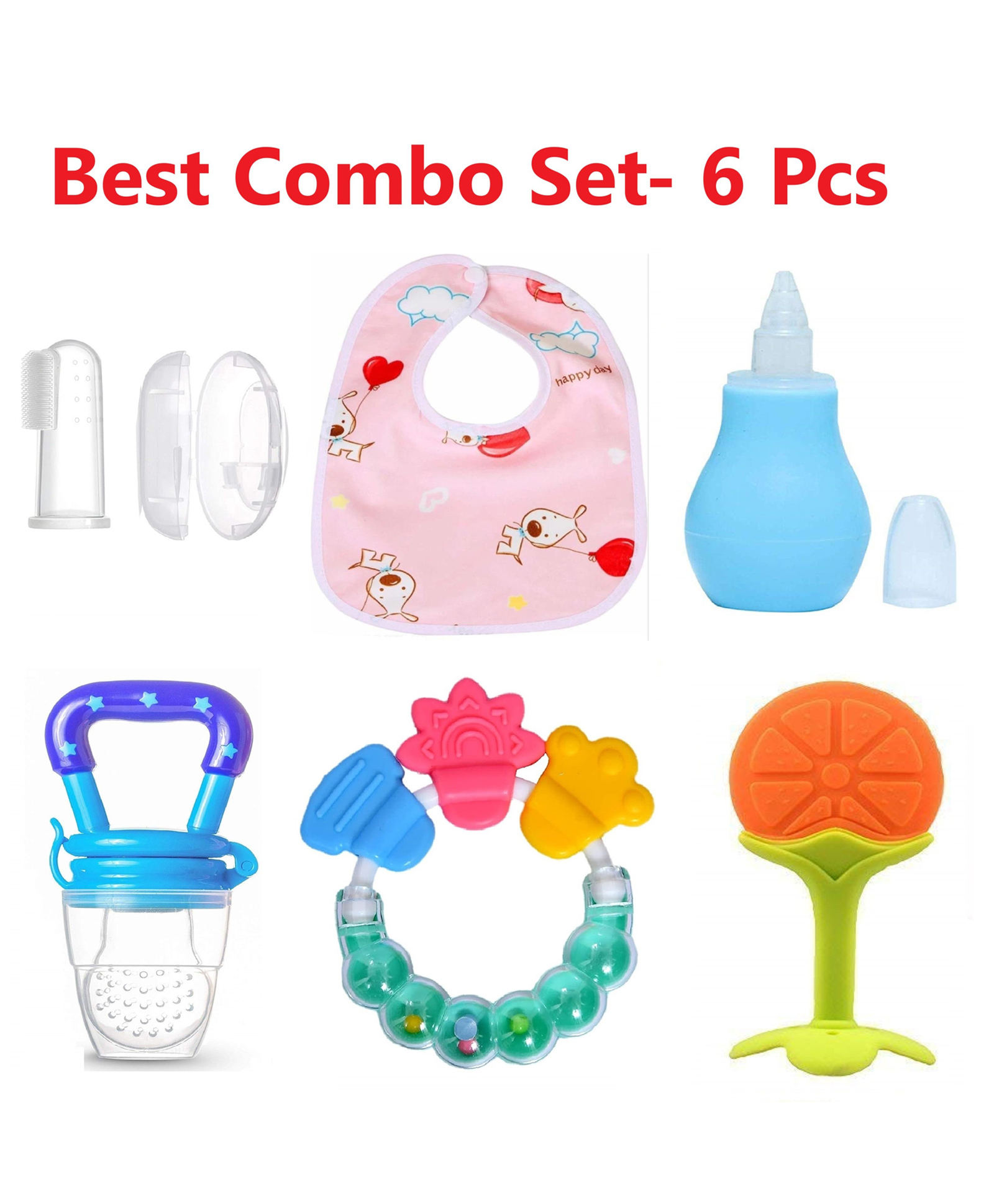 Enorme Orange SiliconeTeether, Bellring, Nibbler, Nose Cleaner, Bib, Finger Brush - Combo of 6-image-37