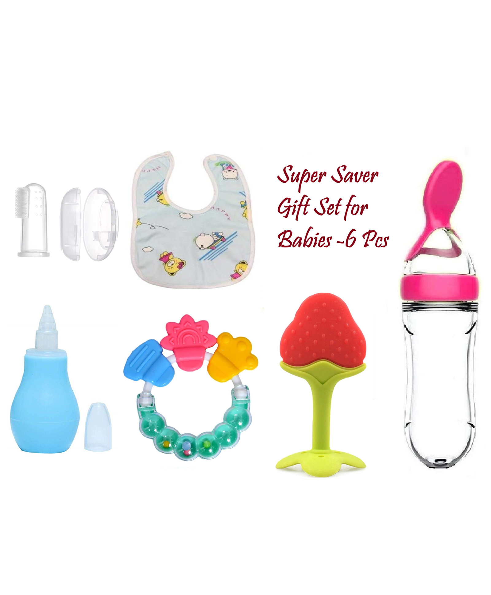 Enorme Super 6 pcs Combo of Strawberry Silicone Teether, Bellring, Nose Cleaner, Spoon Feeder, Bib, Finger Brush-image-13