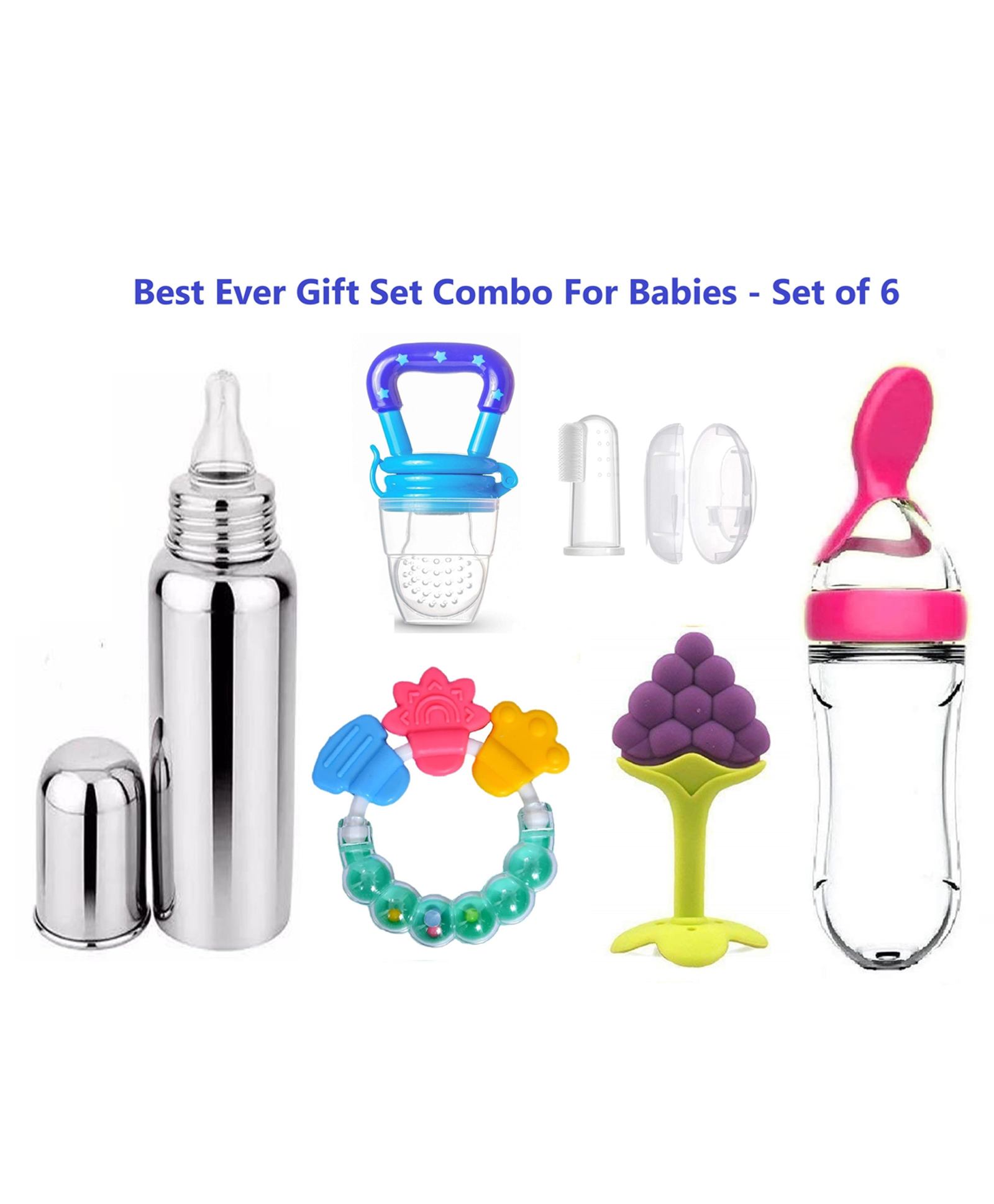 Enorme Combo of 6 Pcs Grapes Slicone Teether, Bellring, Nibbler, Spoon Feeder, Steel Bottle, Finger Brush-picture-27