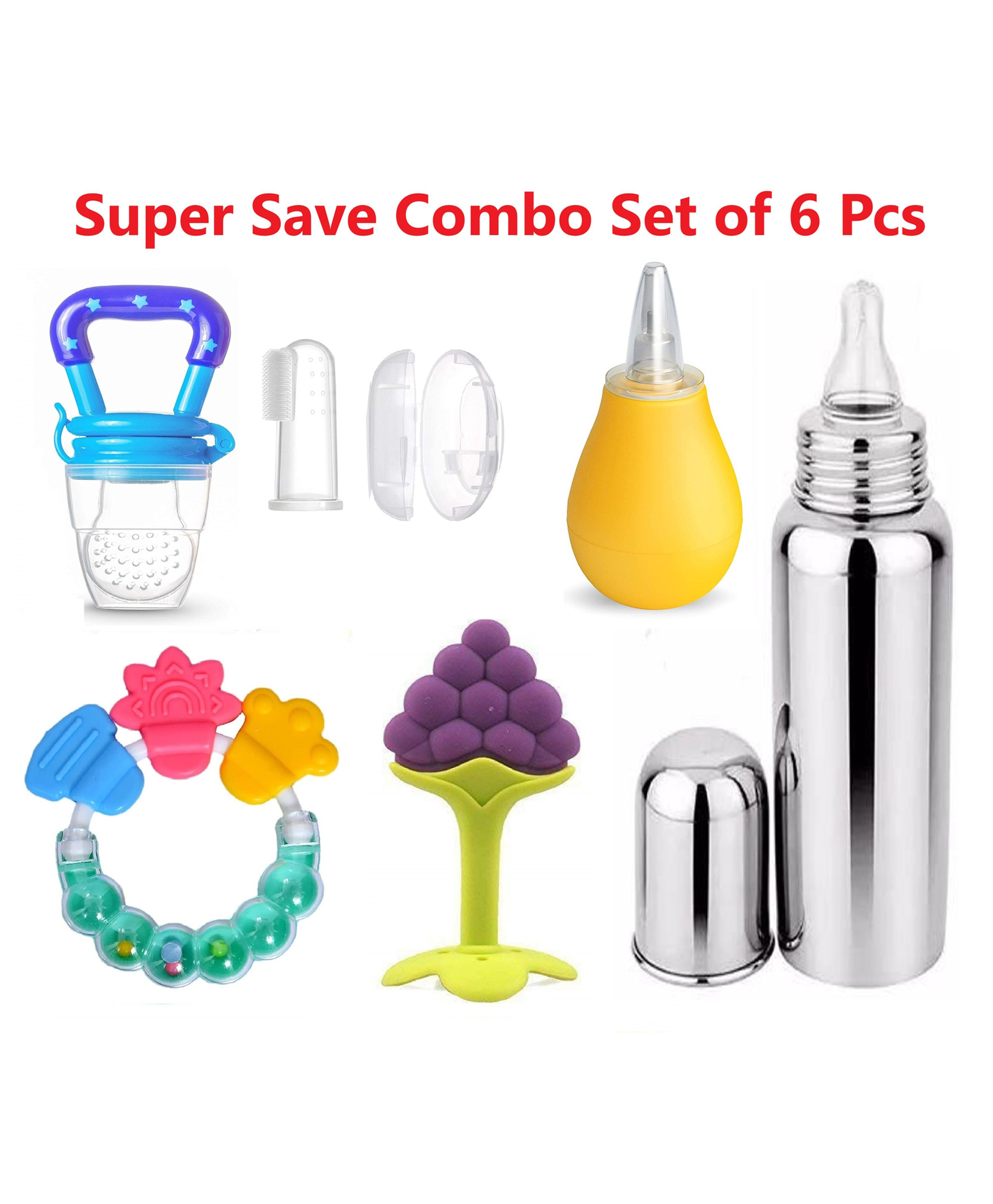 Enorme Grapes SiliconeTeether, Bellring, Nibbler, Nose Cleaner, Steel Bottle, Finger Brush - Combo of 6-picture-10