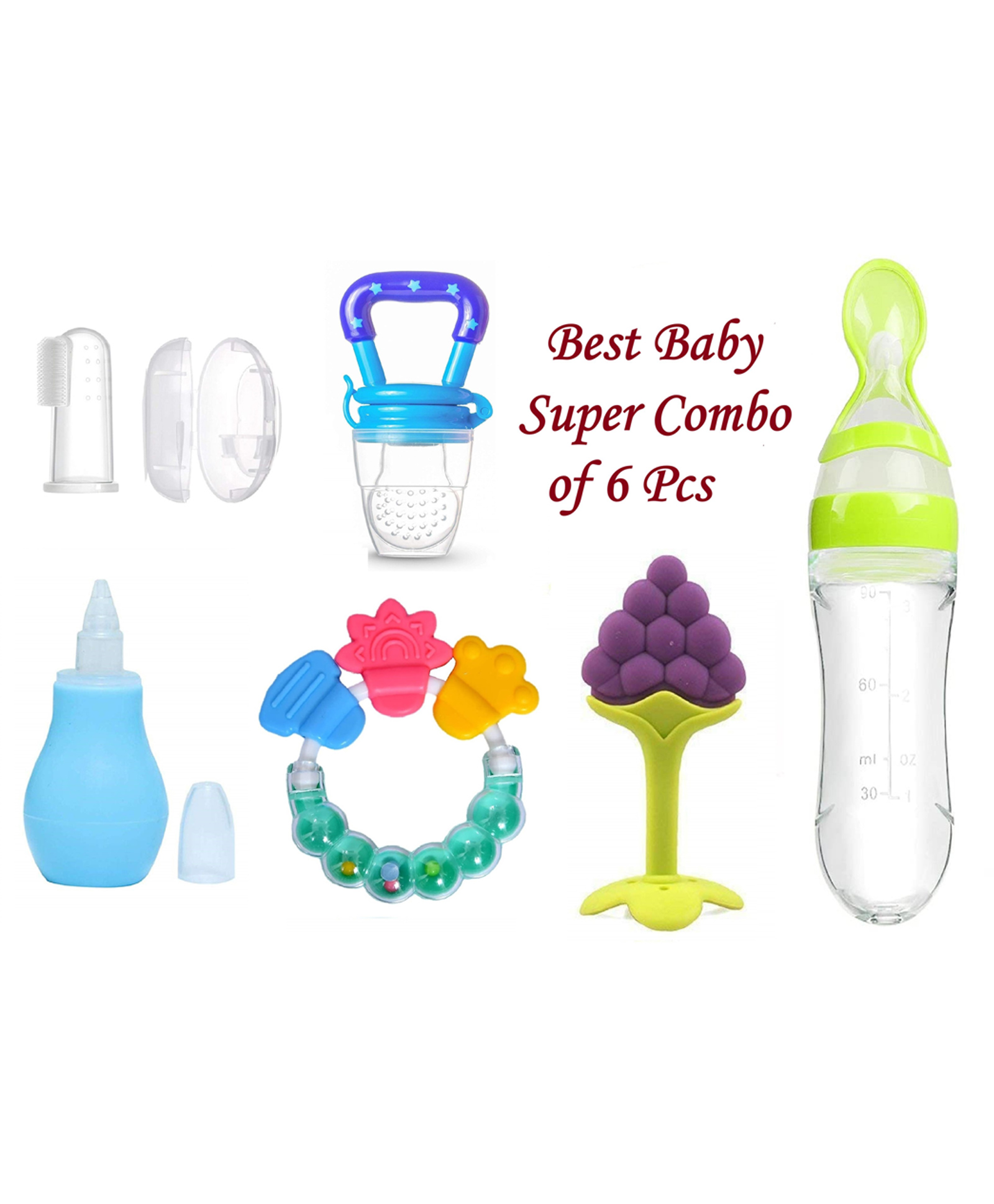 Enorme Super 6 pcs Combo of Grapes Silicone Teether, Bellring, Nose Cleaner, Spoon Feeder, Nibbler, Finger Brush-picture-26