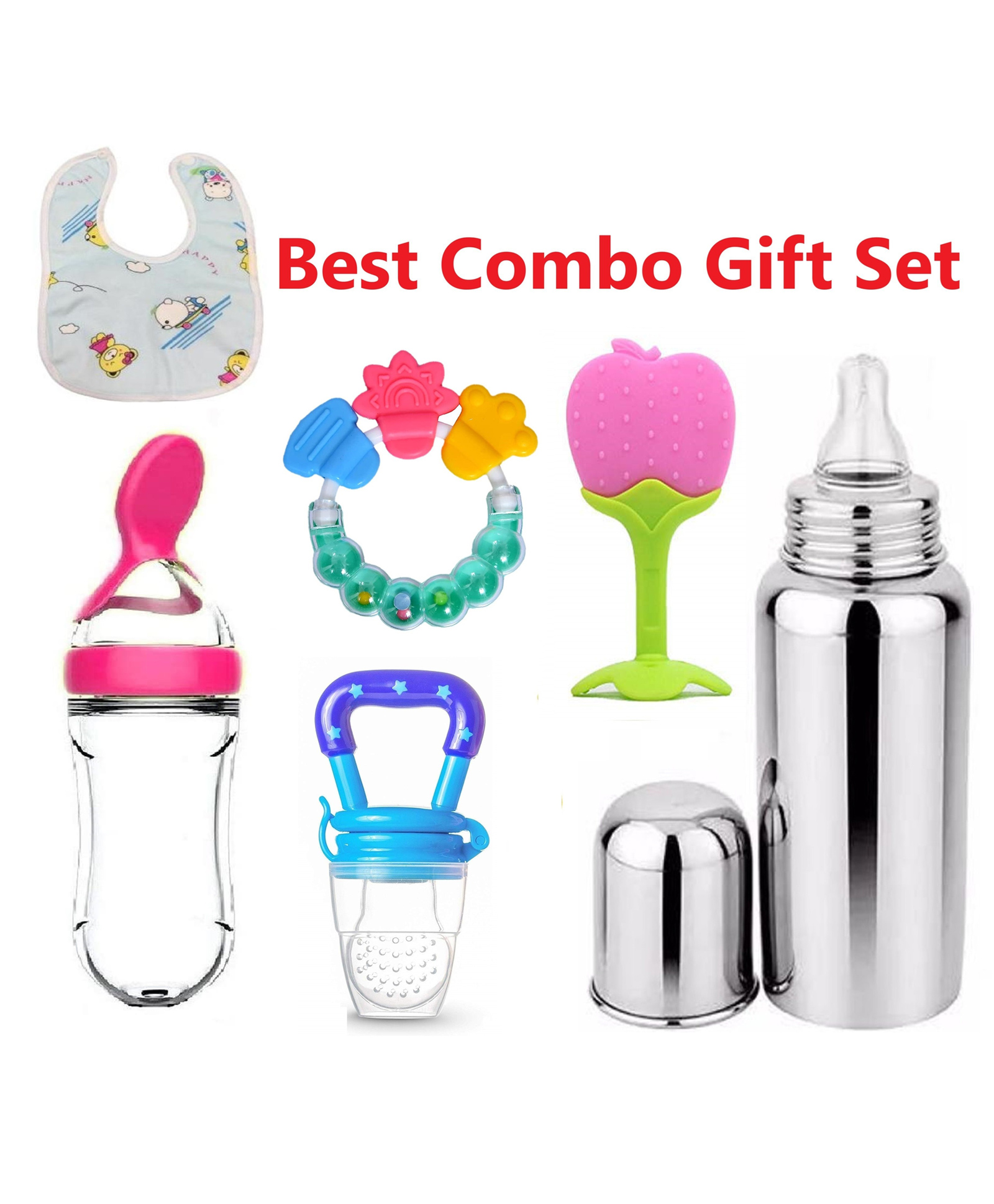 Enorme Combo of 6 Pcs Apple Slicone Teether, Nibbler, Steel Bottle, Spoon Feeder, Bib, Bellring