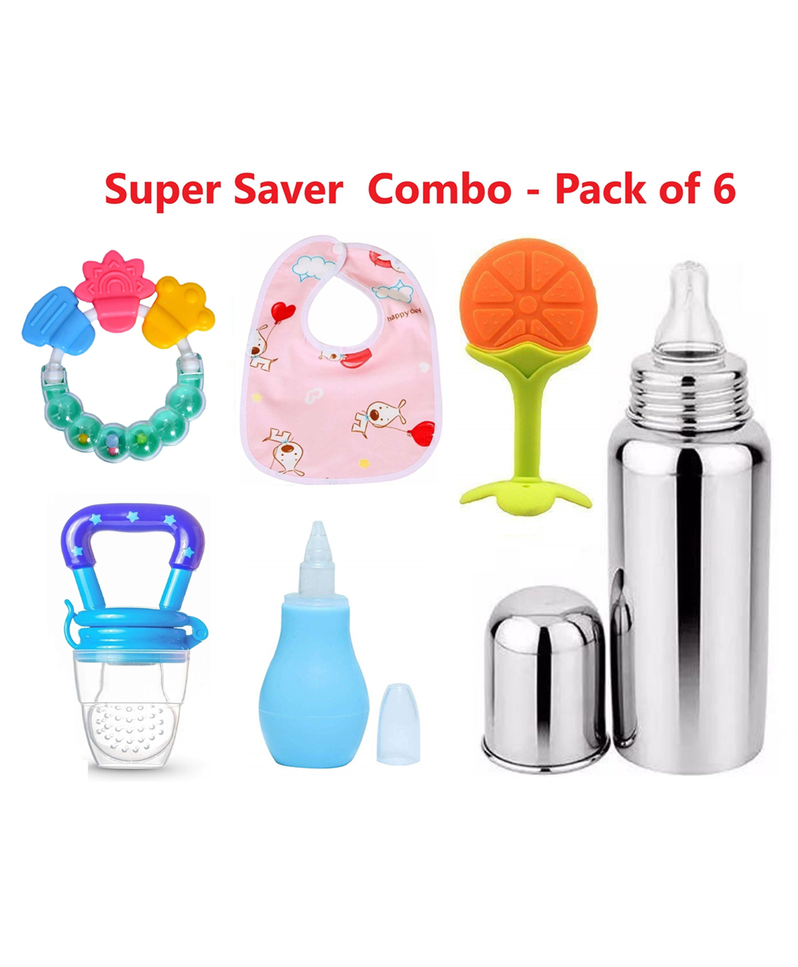 Enorme Orange Silicone Teether, Nibbler, Steel Bottle, Nose Cleaner, Bib, Bellring - Combo of 6-picture-37