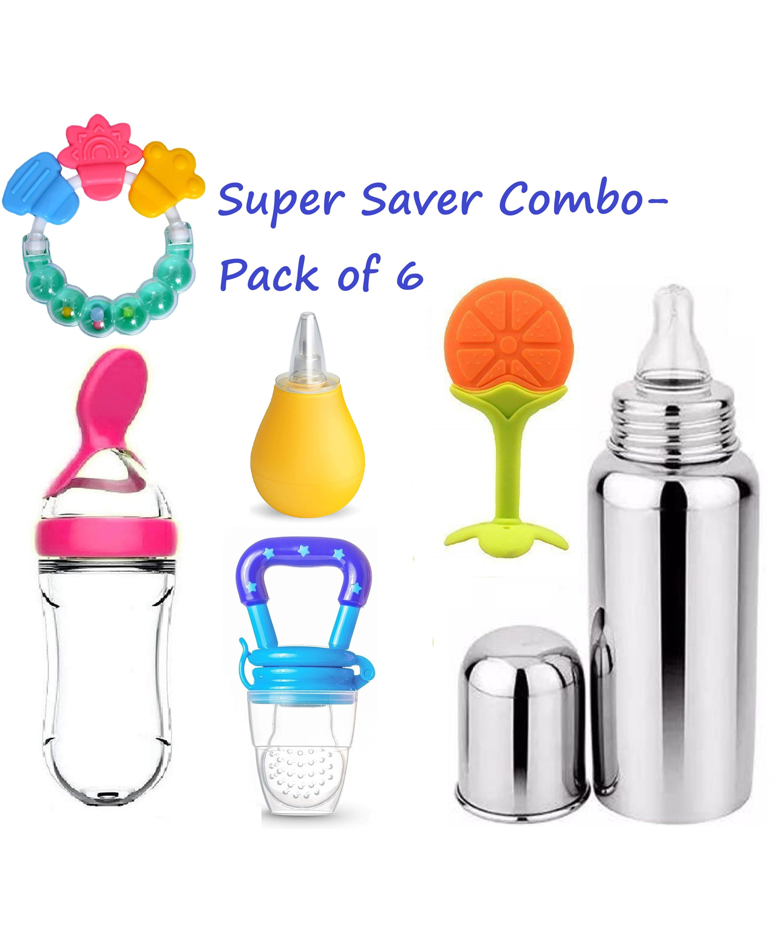 Enorme Super 6 pcs Combo of Orange Silicone Teether, Nibbler, Steel Bottle, Spoon Feeder, Bellring, Nose Cleaner-image-32