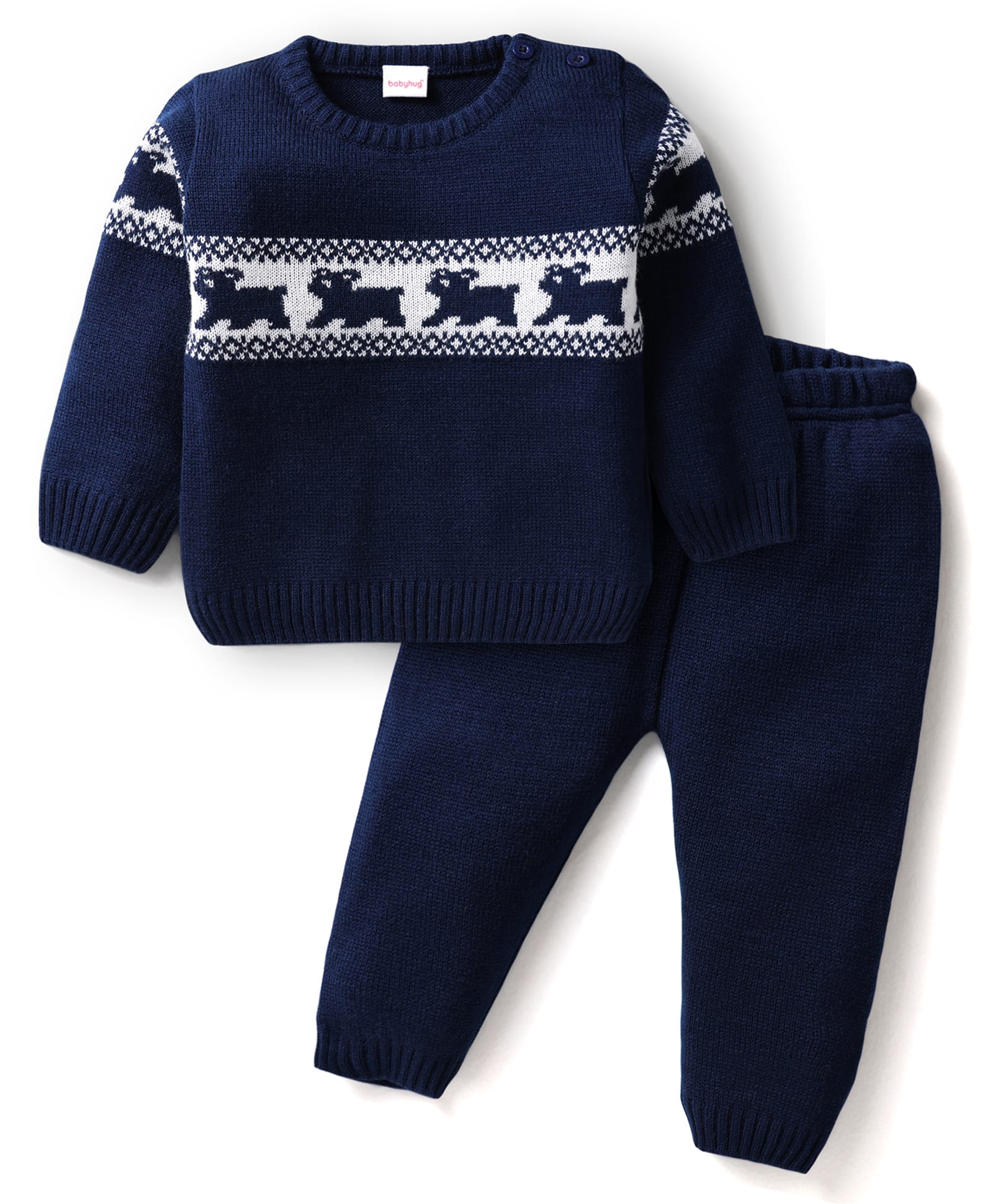 Babyhug Knitted Full Sleeves Sweater Set With Animal Design - Navy Blue-image-44