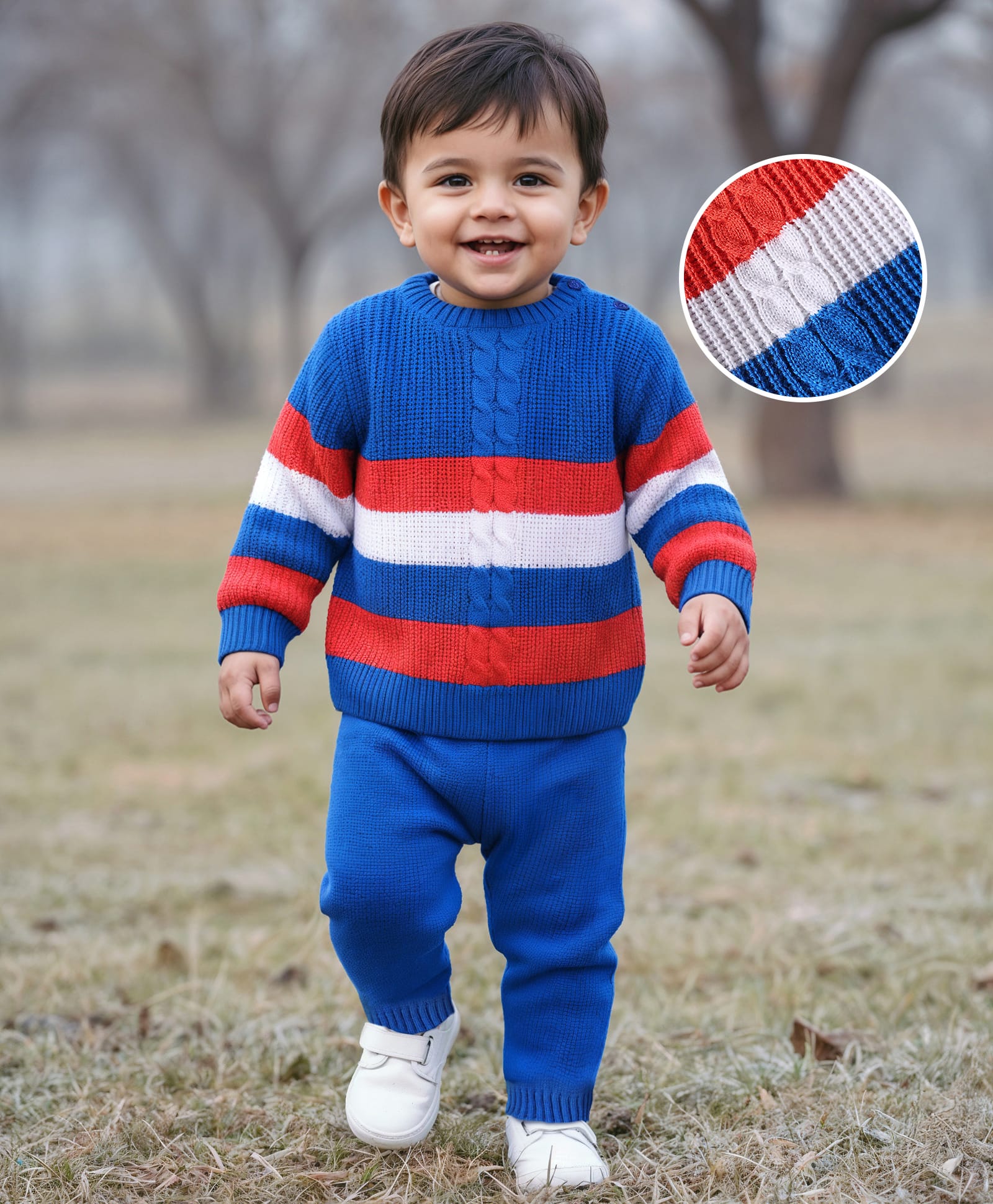 Babyhug Knitted Full Sleeves Sweater Set With Color Block & Cable Knit Design - Royal Blue-image-34