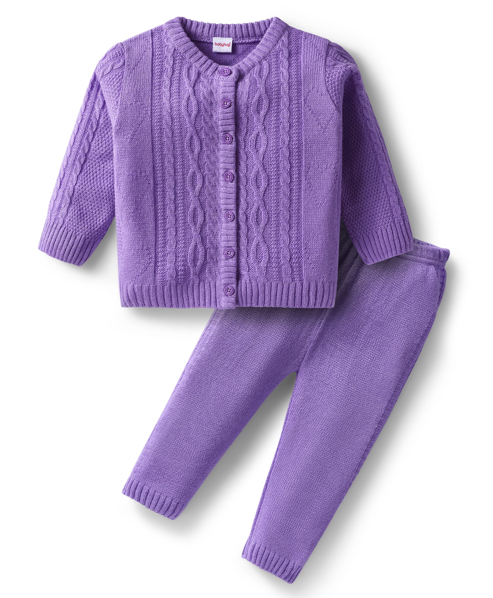 Babyhug Knit Full Sleeves Front Open Sweater Set With Cable Knit Design - Lavender-image-19