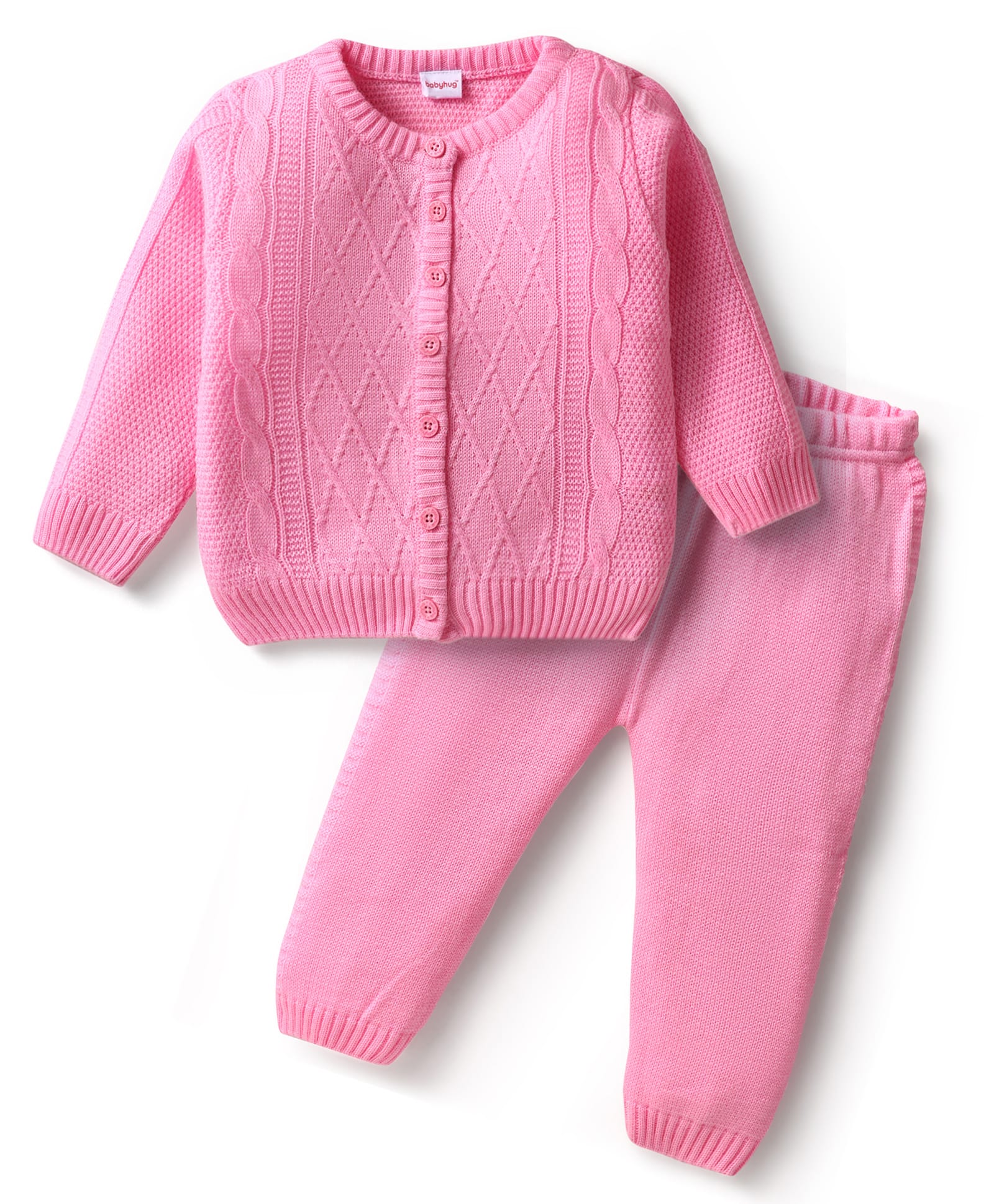 Babyhug Knitted Full Sleeves Front Open Solid Color Sweater Set With Cable Net Design - Pink-picture-30