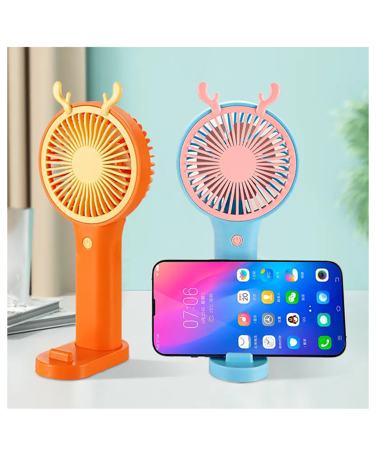 Zyamalox Chargable top table fans, stand fans three speed modes, rechargeable fans, mini acs, 3 hours power backup, along with mobile stand, and small adjustable fans for home comfort (Assorted Color)-image-3