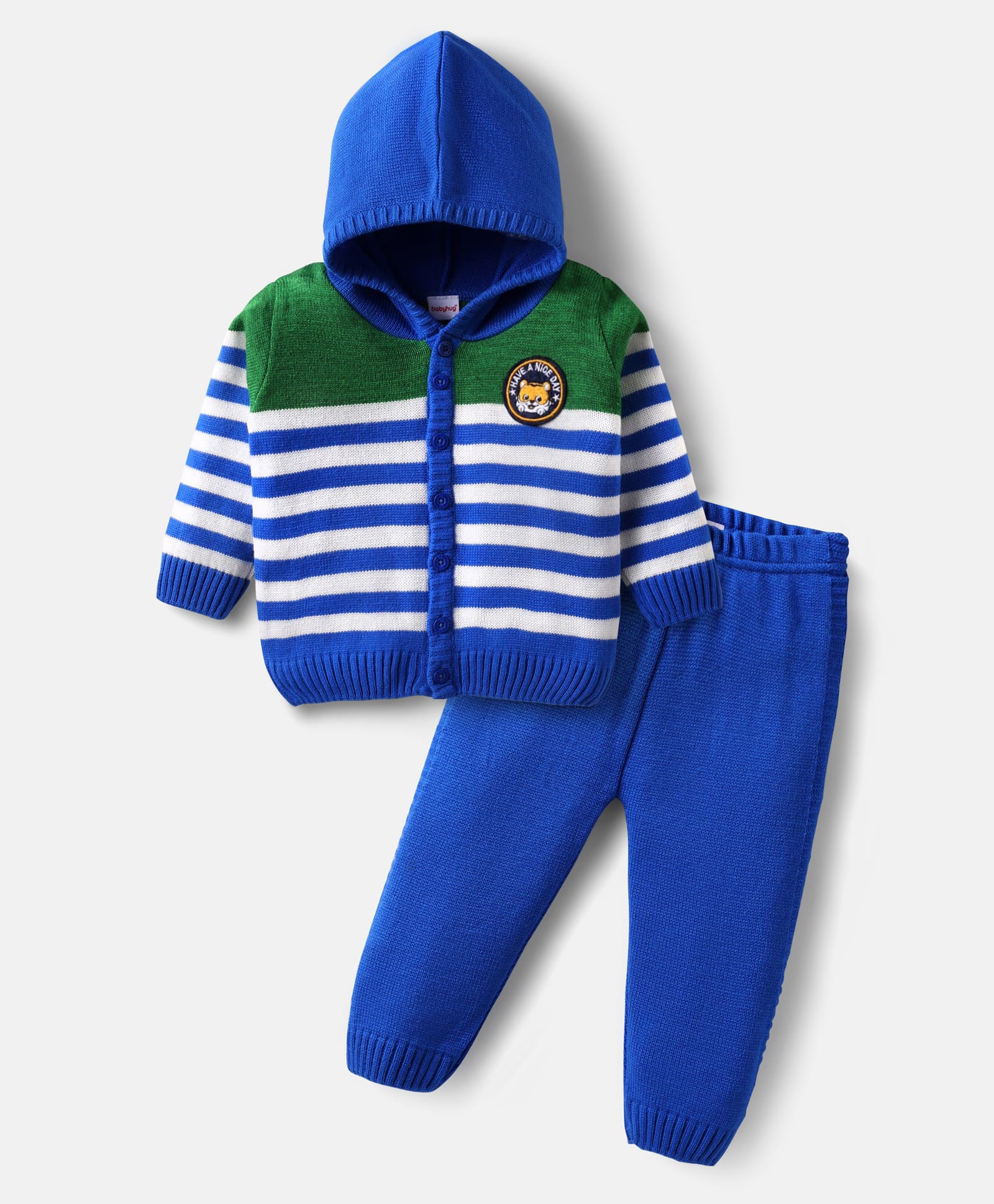 Babyhug Knitted Full Sleeves Hooded Front Open Sweater Set with Stripe Design - Blue & Green-picture-25