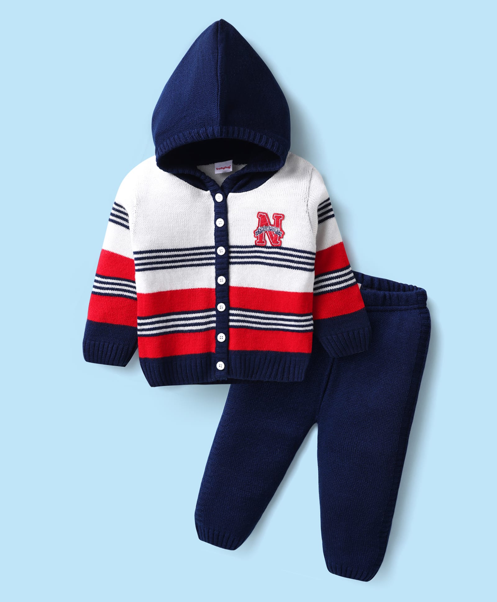Babyhug Full Sleeves Hooded Front Open Sweater Set With Sports Stripe Design - White & Navy Blue-picture-10