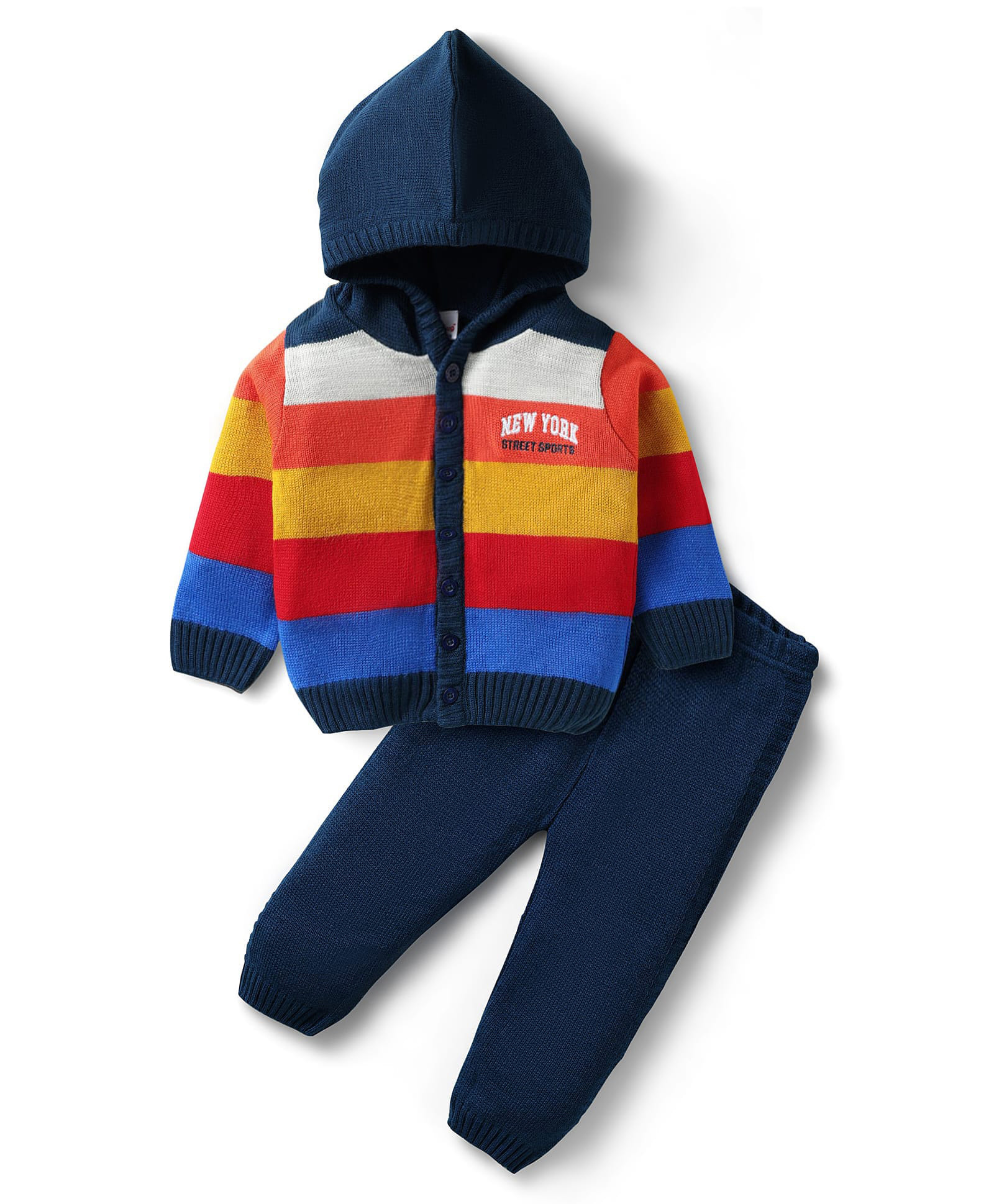 Babyhug Knit Full Sleeves Front Open Hooded Sweater Set With Stripes - Multicolour-image-34