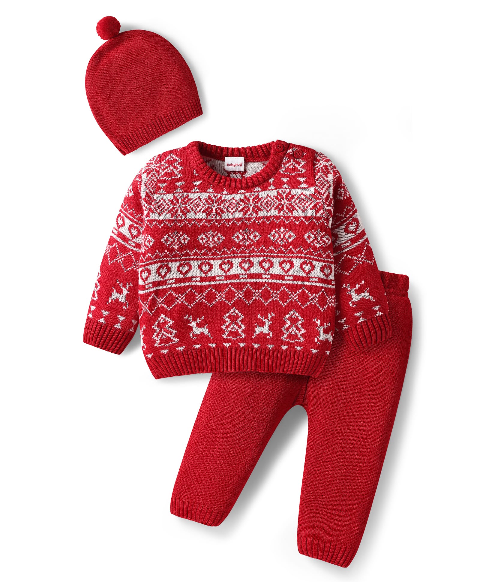 Babyhug Knitted Full Sleeves Pullover Sweater Set With Heart Design & Cap - Red-picture-26