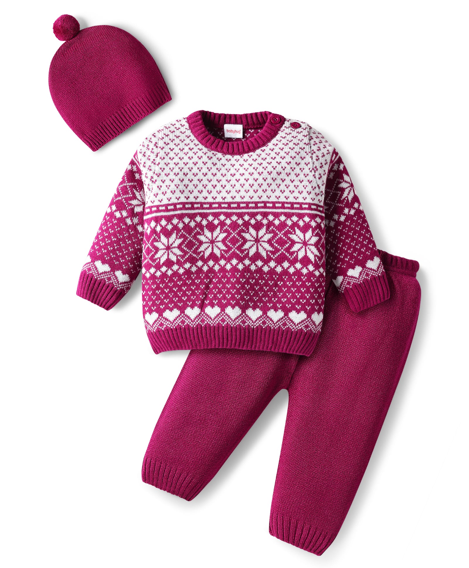 Babyhug Knitted Full Sleeves Pullover Sweater Set With Heart Design & Cap - Wine-image-37