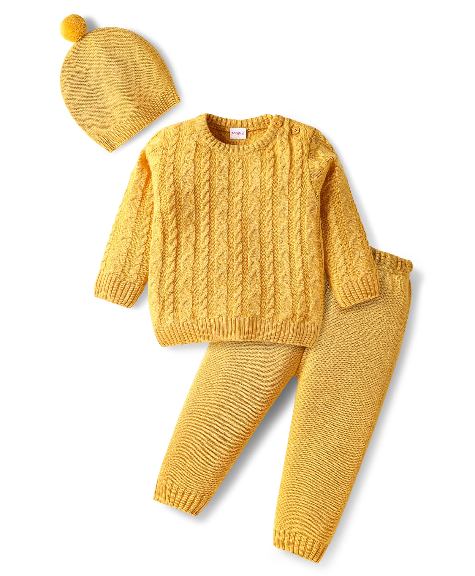 Babyhug Knitted Full Sleeves Pullover Sweater Set With Cable Knit Design & Cap - Mustard-image-48