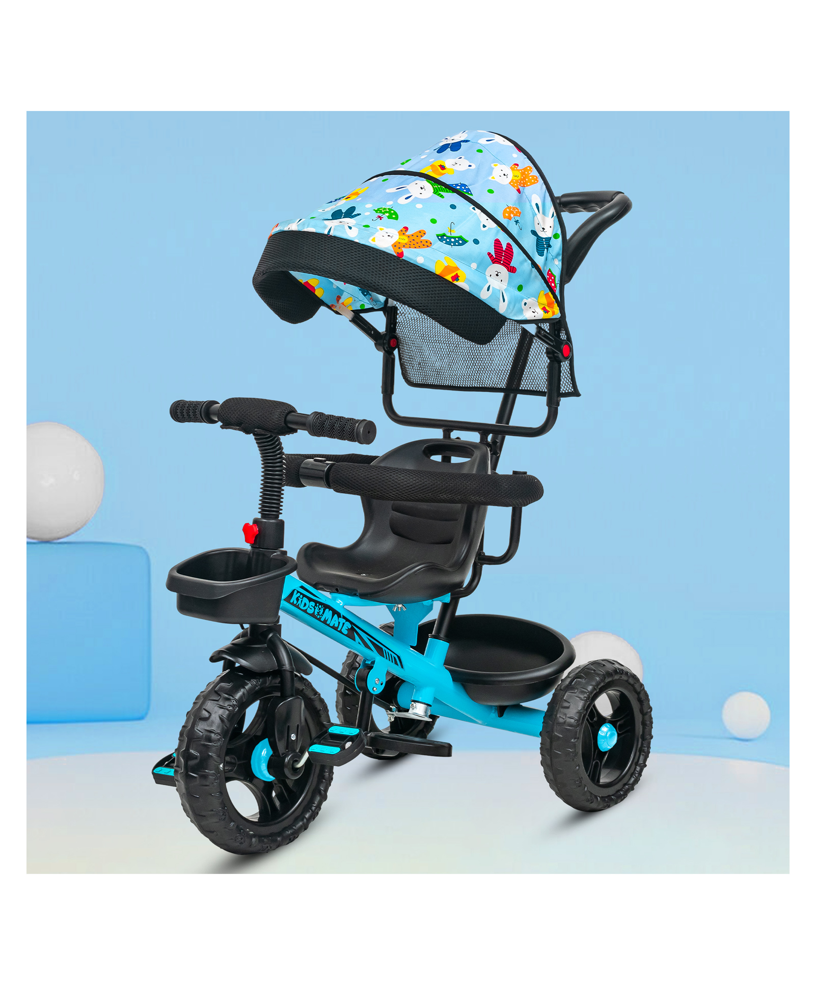 Kidsmate Deluxe Kids Tricycle with Adjustable Canopy | Durable Plug & Play Baby Trike with Safety Rail & Push Handle for Parents | Safe & Comfortable Ride for Toddlers 12-48 Months - Blue-picture-23