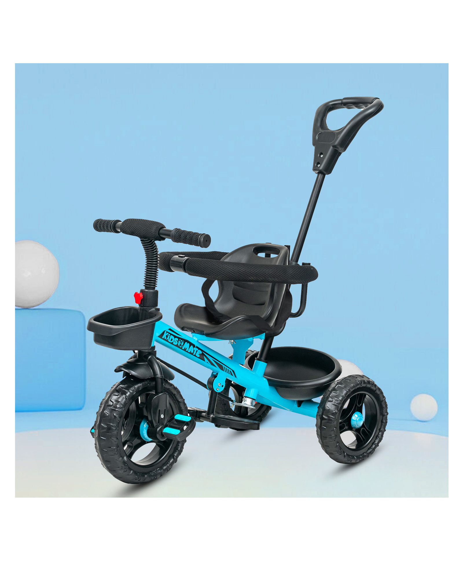 Kidsmate Xplorer Kids Tricycle without Canopy | Durable Plug & Play Baby Trike with EVA Wheels, Safety Rail & Push Handle for Parents | Safe & Comfortable Ride for Toddlers 12-48 Months - Blue-picture-16