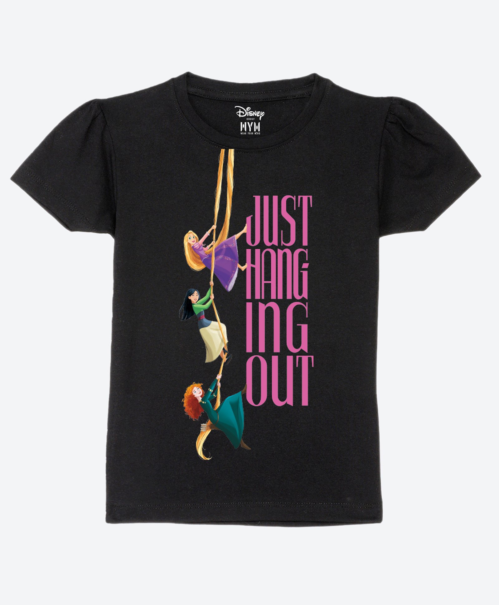 Wear Your Mind Cotton Disney Princesses Featuring Half Sleeves Characters Printed Tee - Black-picture-31