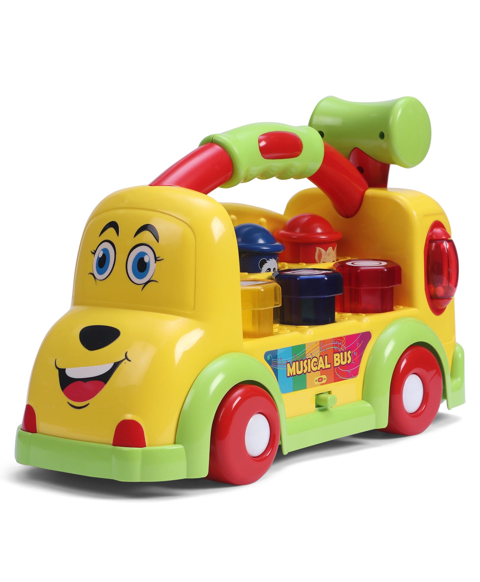 Babyhug Whack-A-Mole Learning School Bus - Interactive Musical Toy with Lights & Shapes for Toddlers| With Mole Hammer| Free-wheel Vehicle| Hand-eye Co-ordination| Toddler Gifting Option