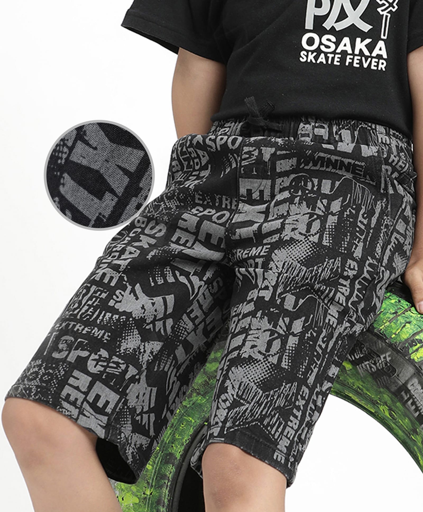 Pine Kids Woven Mid Calf Printed Washed Denim Jeans - Black-picture-23