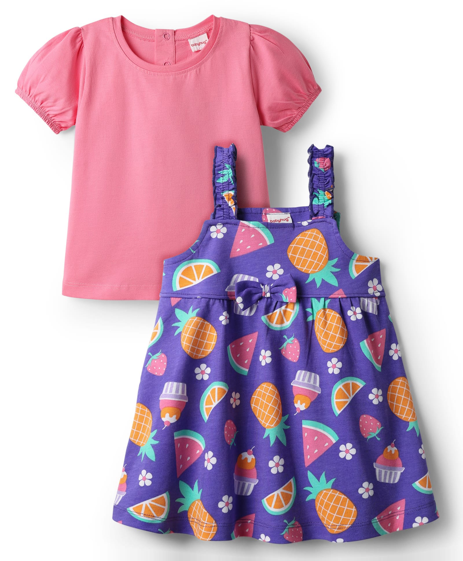 Babyhug Cotton Knit Half Sleeves Frock & Inner Tee with Fruits Print & Bow Applique - Pink & Purple-picture-26