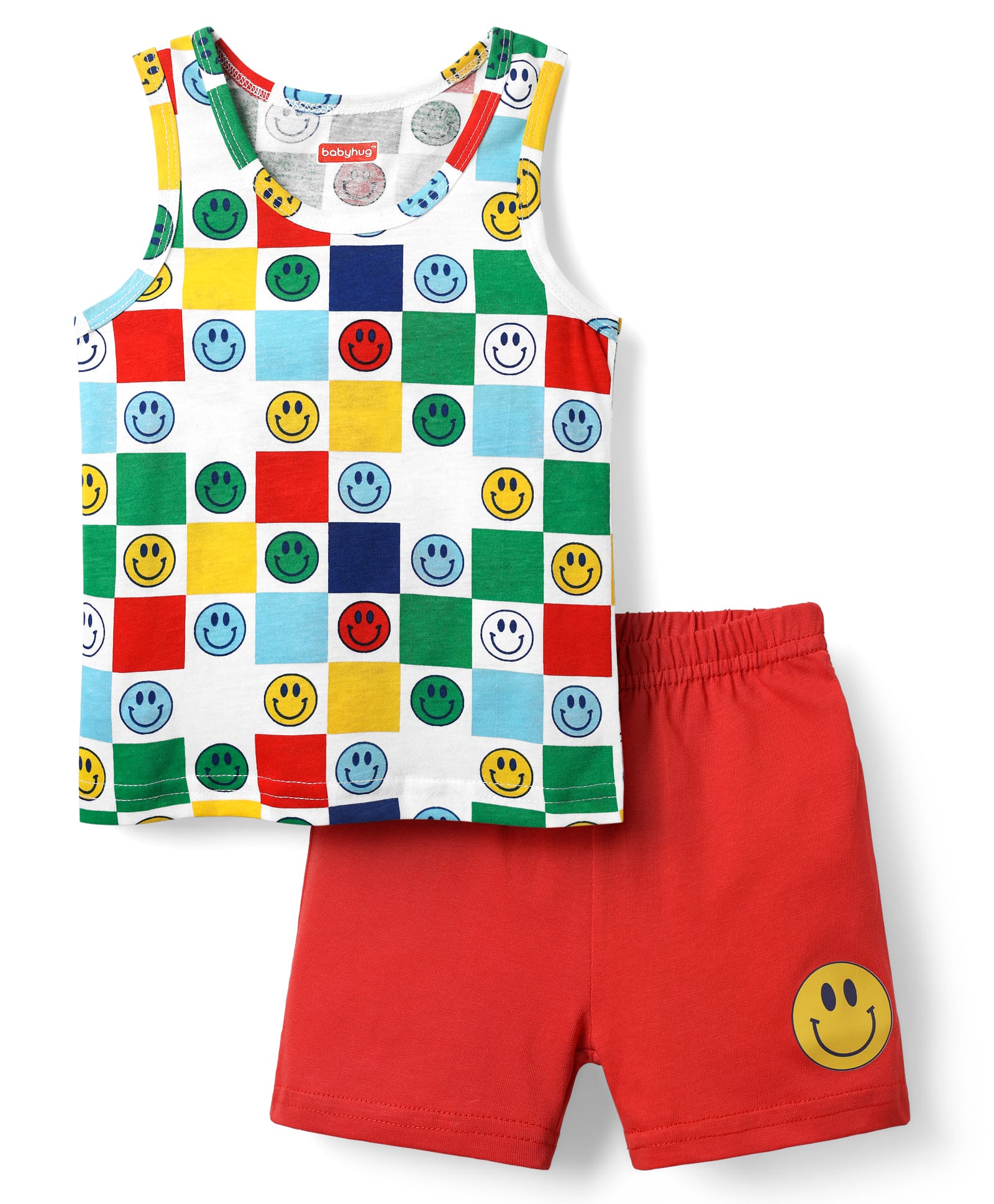 Babyhug 100% Cotton Single Jersey Knit Sleeveless Sando & Shorts Set With Smiley Print - Red & White-image-41