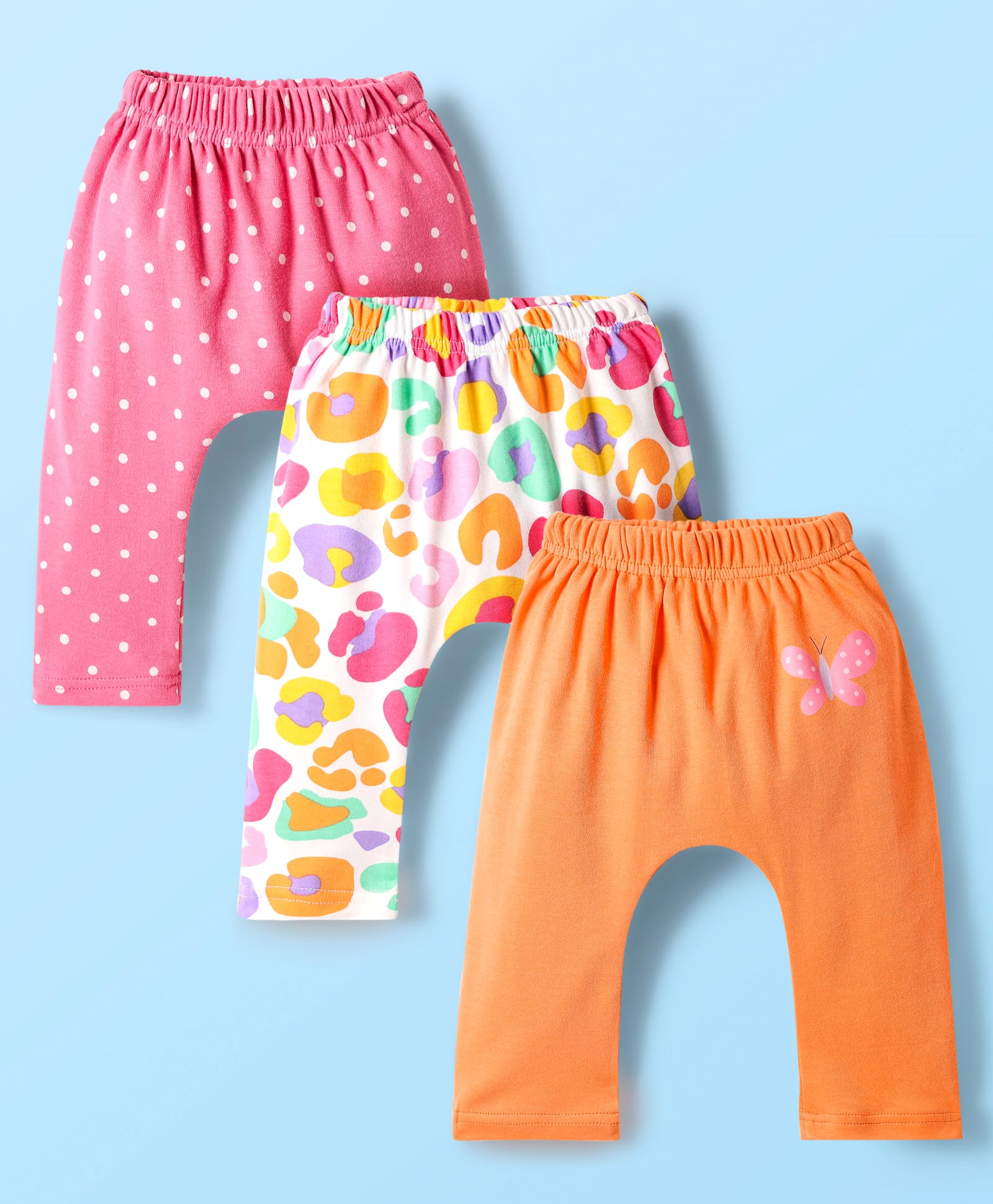 Babyhug Cotton Knit Full Length Diaper Pants With Polka Dots & Butterfly Print Pack Of 3 - Multi colour-image-32