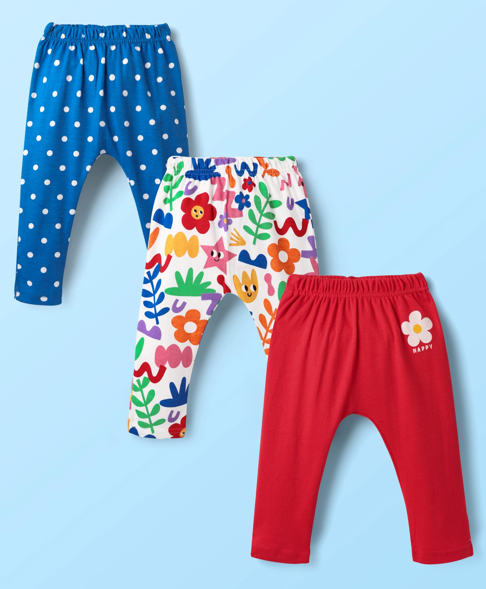 Babyhug Cotton Knit Full Length Floral & Polka Dot Printed Diaper Leggings Pack of 3 - Red White & Blue-picture-36