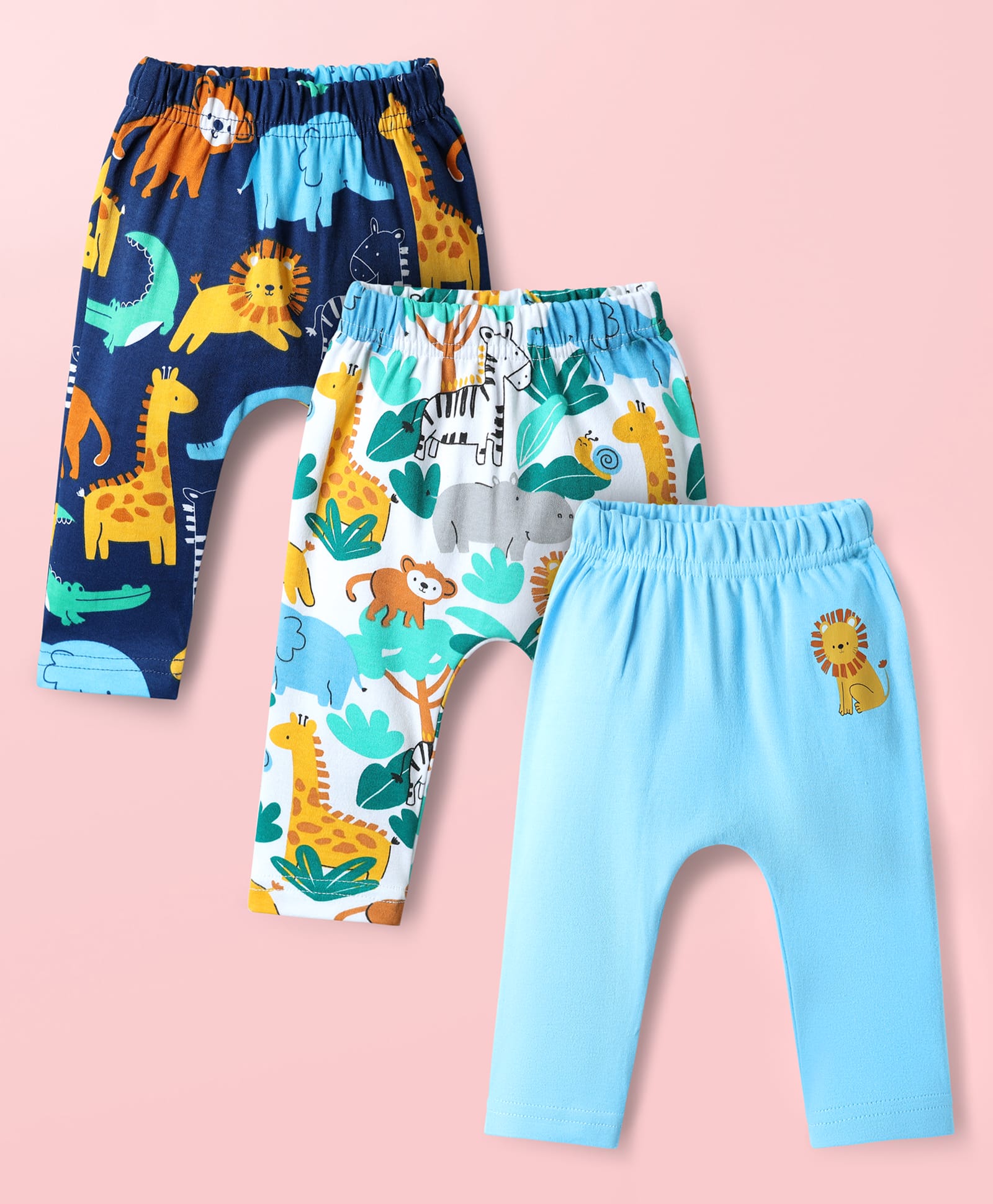 Babyhug Cotton Knit Full Length Diaper Pants With Animals Print Pack Of 3 - Navy Blue White & Light Blue-image-35